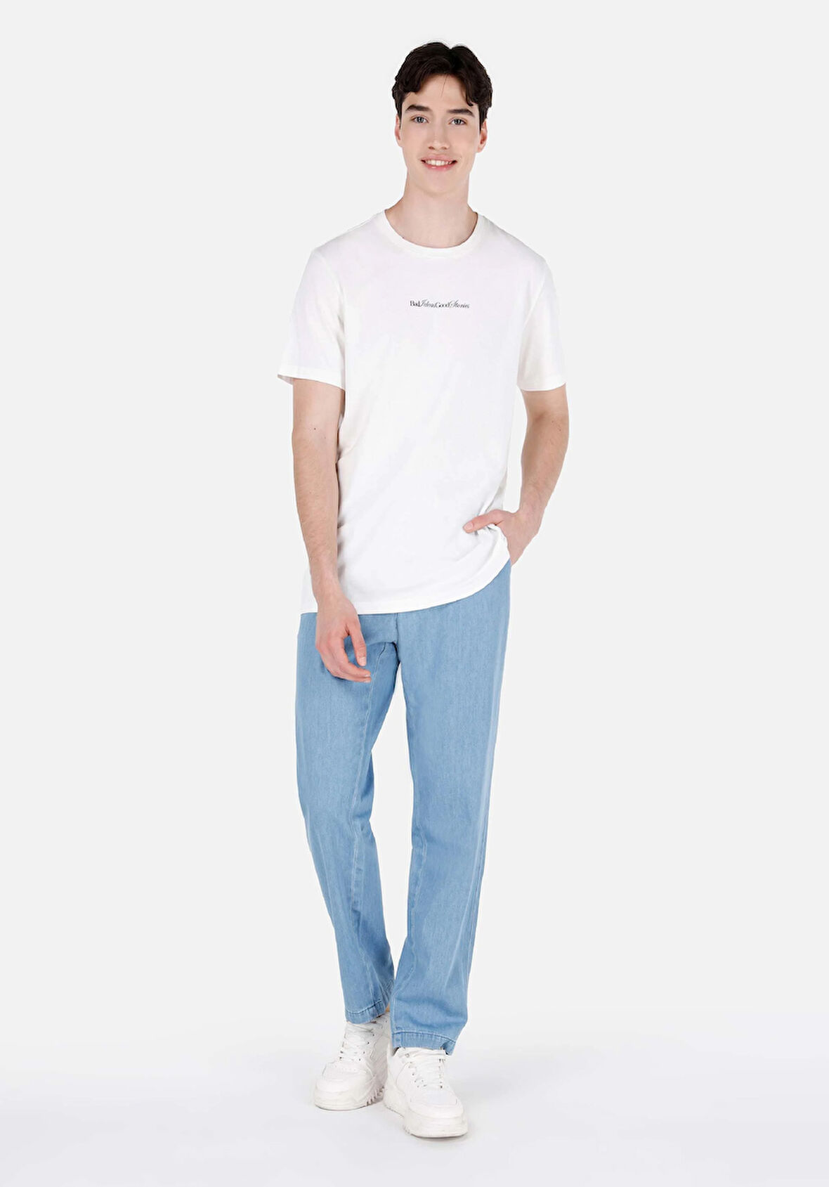 Jogger Fit Orta Bel Düz Paça Erkek Mavi Jean Pantolon