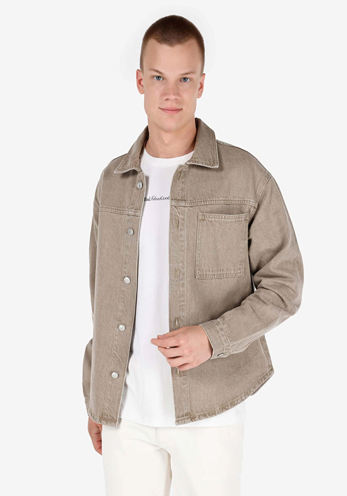 Oversize Fit Klasik Yaka Düz Erkek Bej Uzun Kol Gömlek