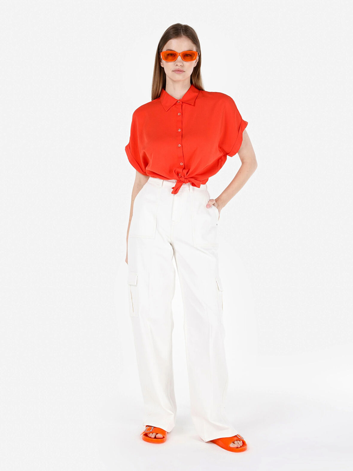 991 Aster Kargo Kesim Yüksek Bel Geniş Paça Beyaz Kadın Pantolon