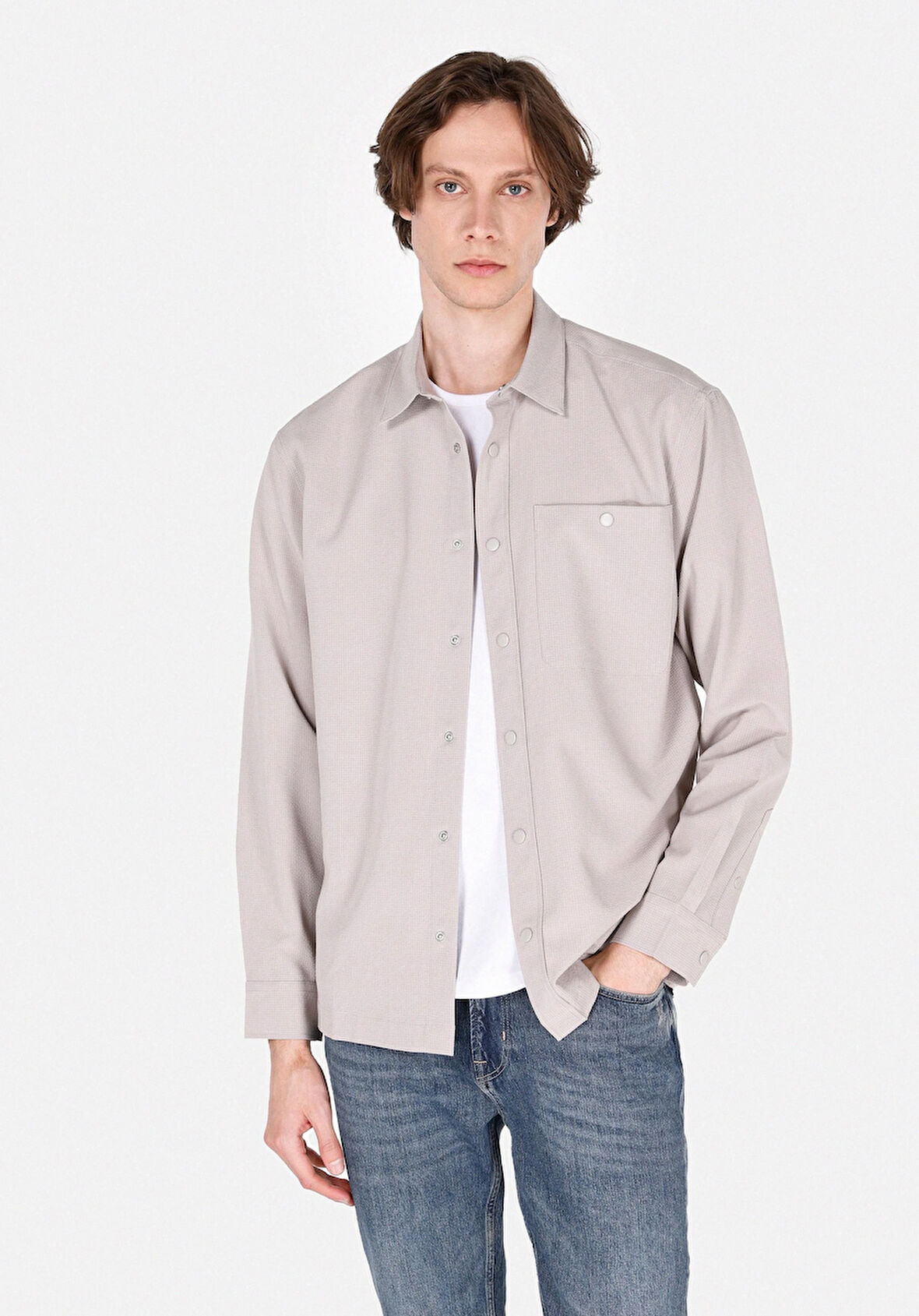 Regular Fit Shirt Neck Düz Erkek Bej Uzun Kol Gömlek Cl1069905