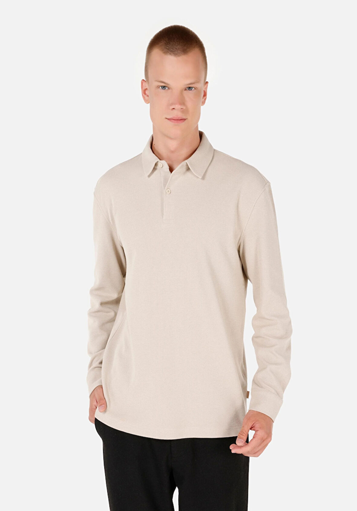 Regular Fit Polo Yaka Jakarlı Erkek Bej Uzun Kol Tişört