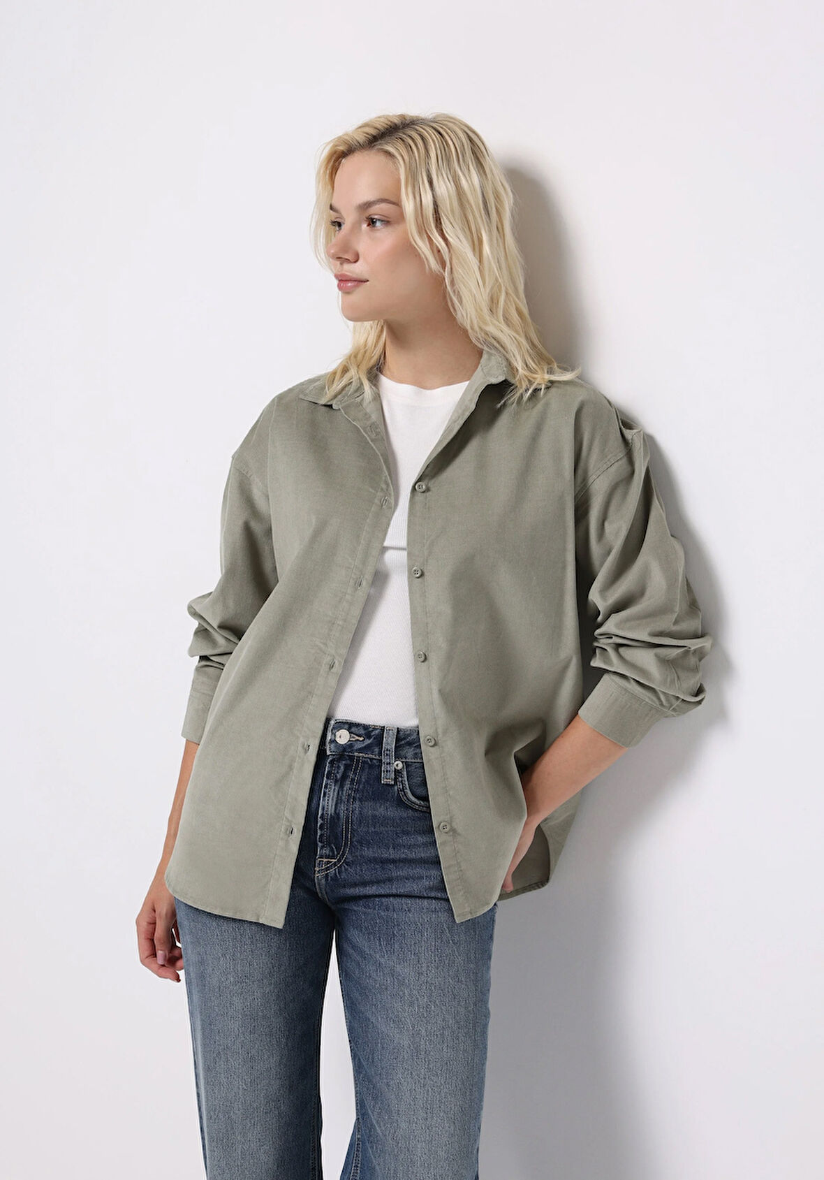 Regular Fit Shirt Neck Düz Kadın Yeşil Uzun Kol Gömlek