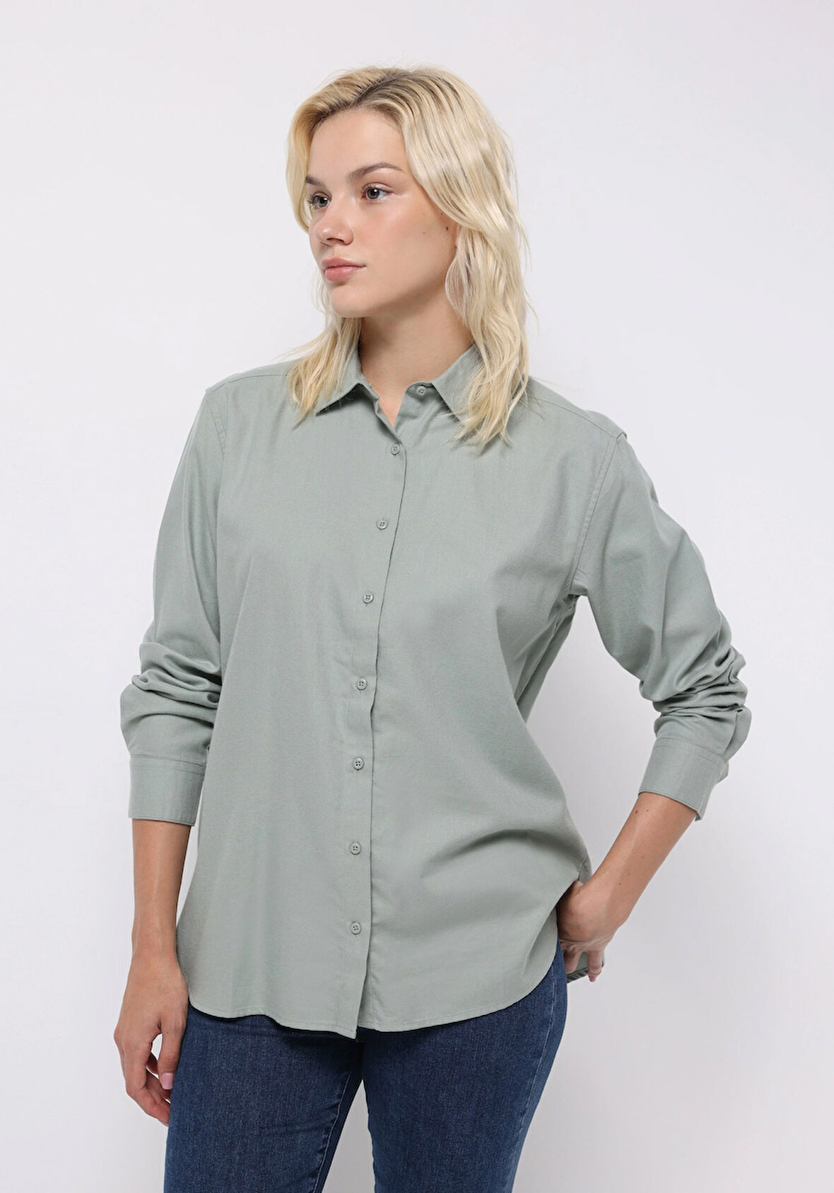 Regular Fit Shirt Neck Düz Kadın Yeşil Uzun Kol Gömlek