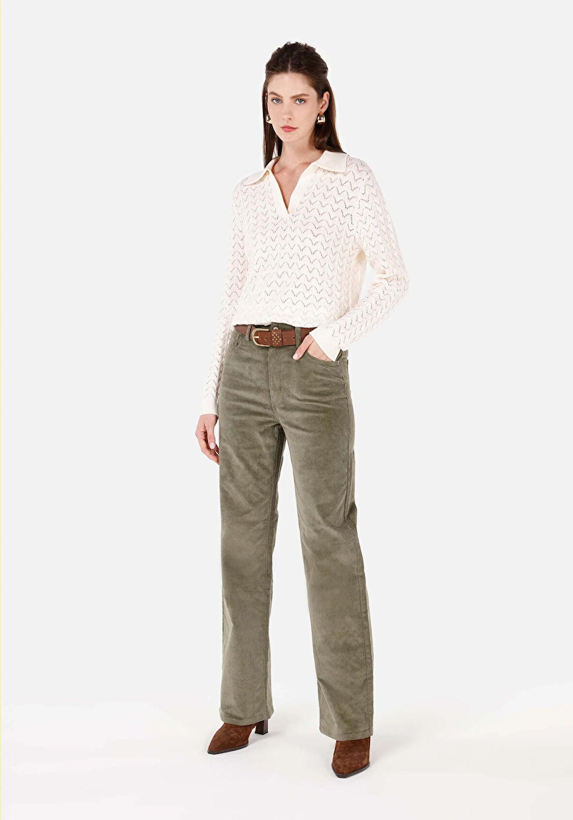 Regular Fit Yüksel Bel Geniş Paça Kadın Yeşil  Pantolon