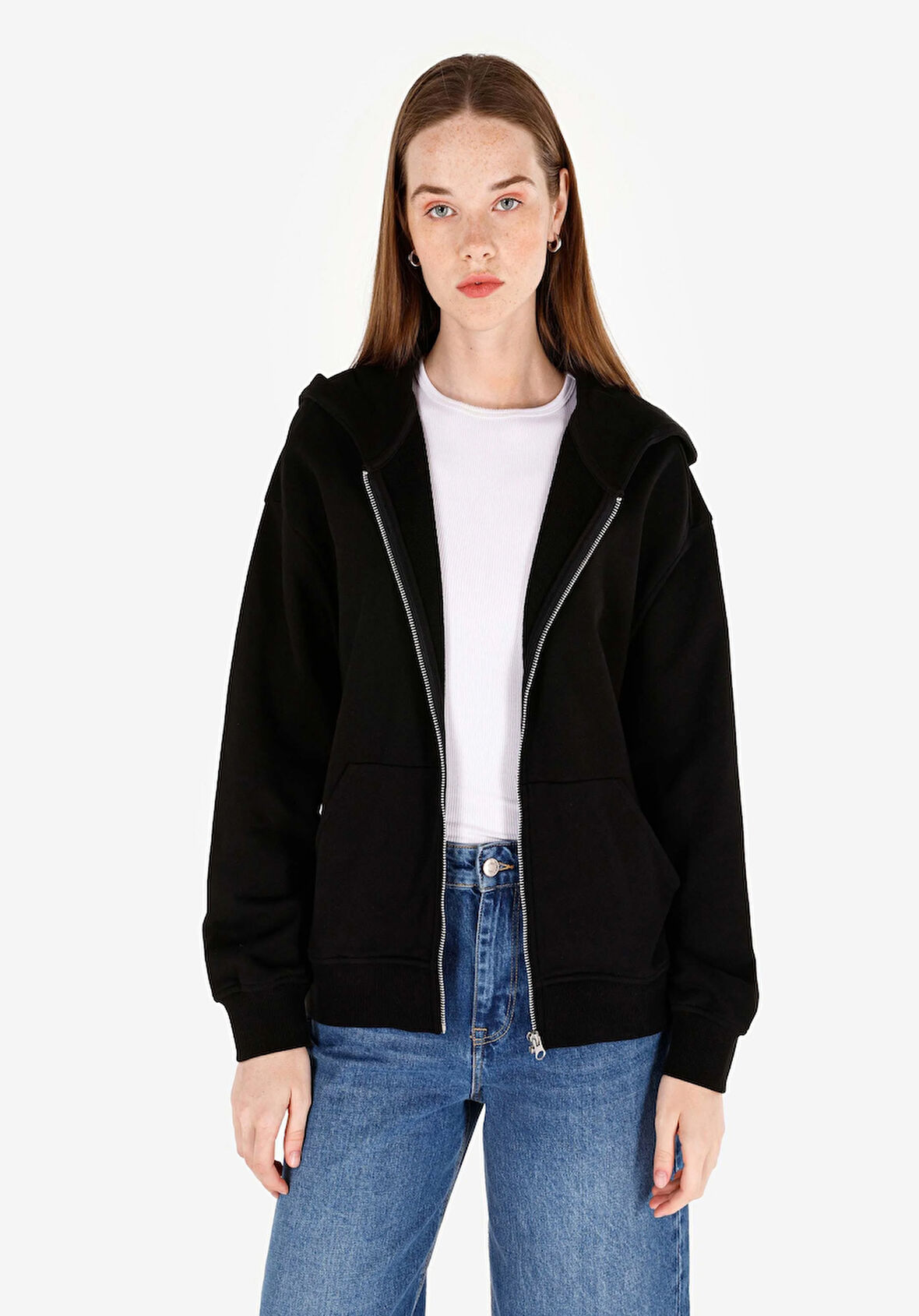 Regular Fit Fermuarlı Düz Kadın Siyah Sweatshirt