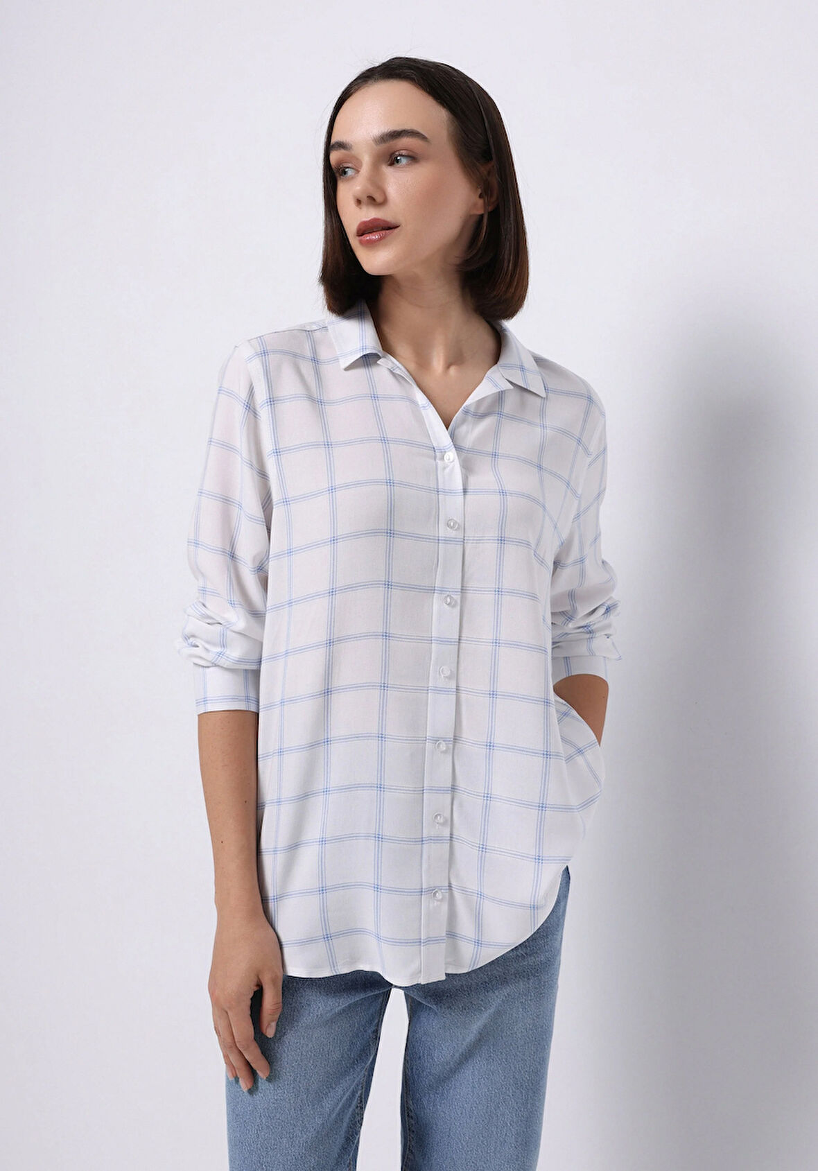 Regular Fit Shirt Neck Ekoseli Kadın Mavi Uzun Kol Gömlek