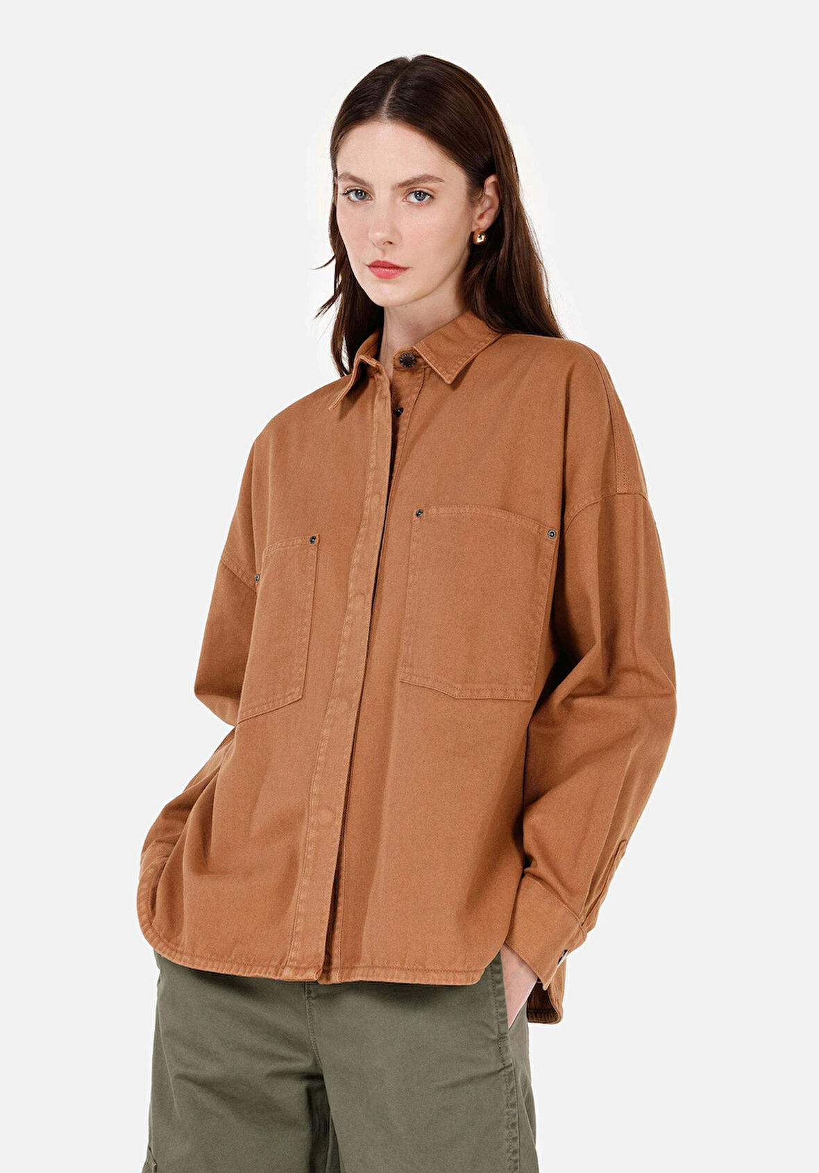 Relax Fit Shirt Neck  Kadın Kahverengi Roll-up Gömlek