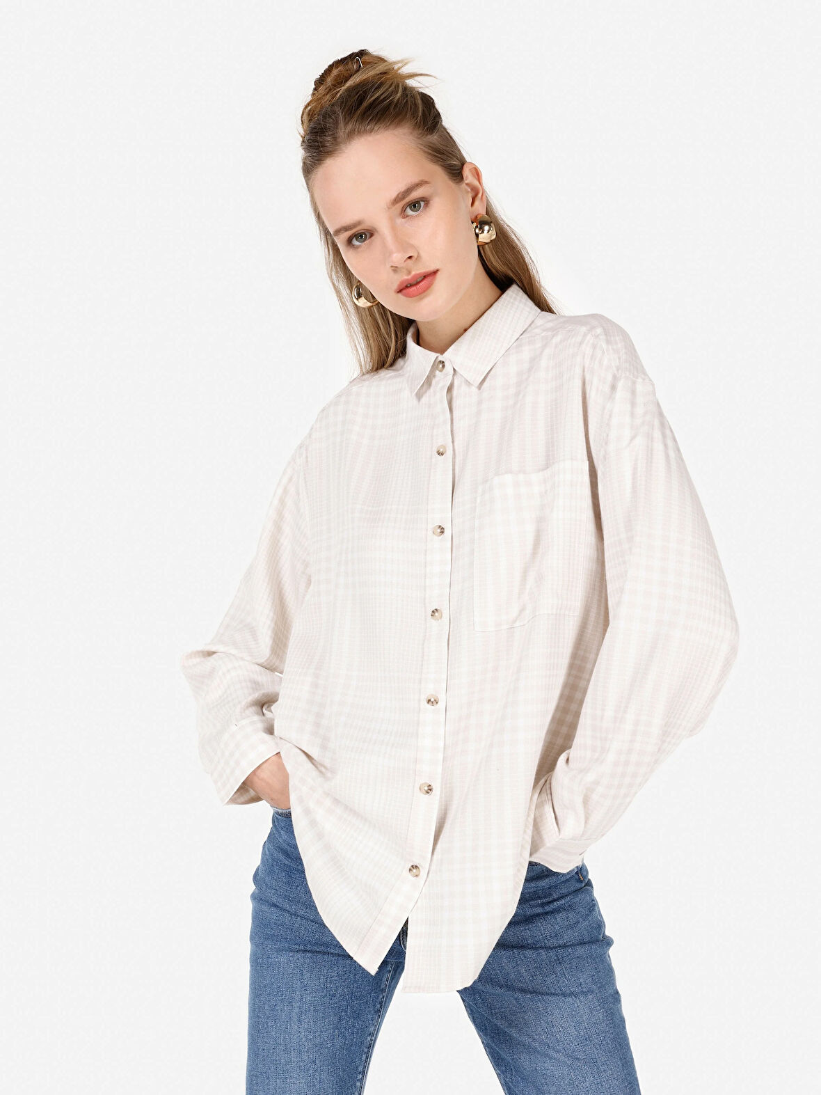 Ekru Kadın Gömlek U.kol