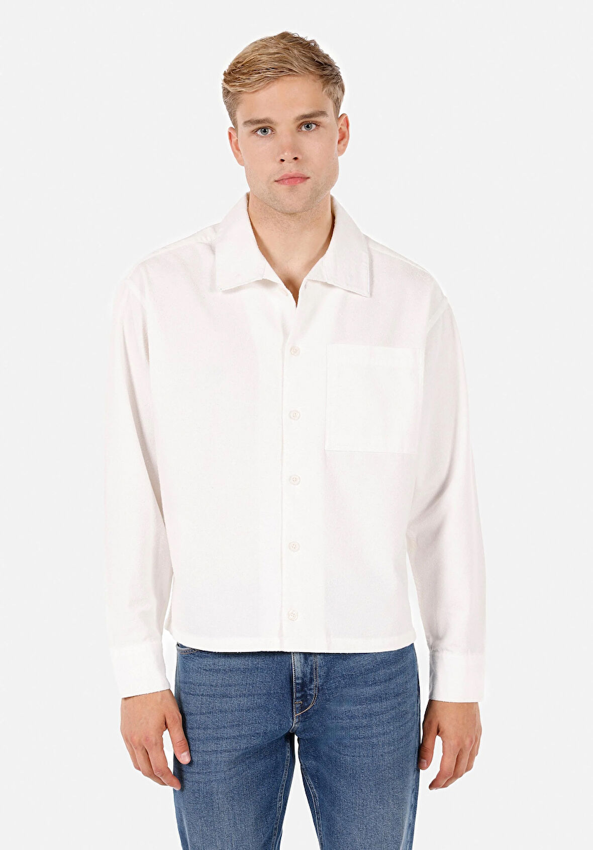 Boxy Fit Shirt Neck Düz Erkek Beyaz Uzun Kol Gömlek