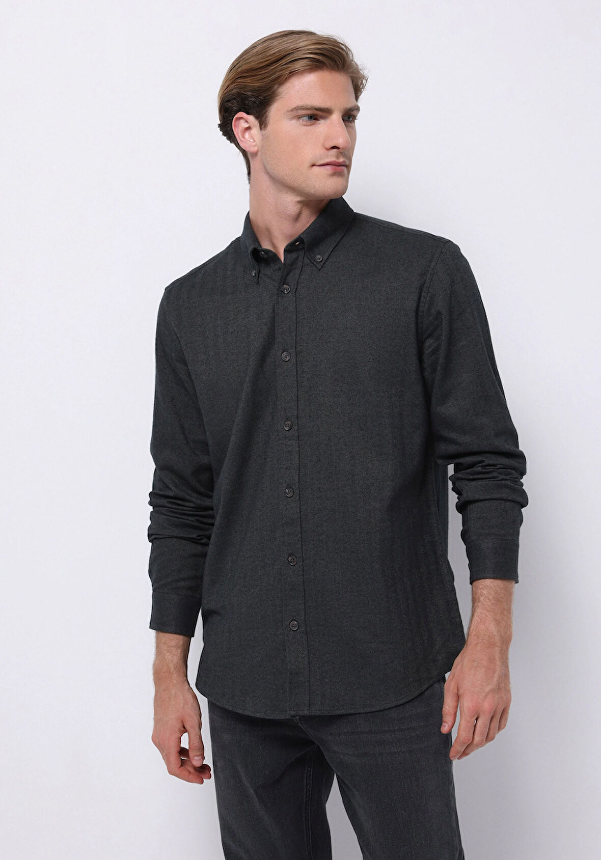 Regular Fit Shirt Neck Düz Erkek Yeşil Uzun Kol Gömlek