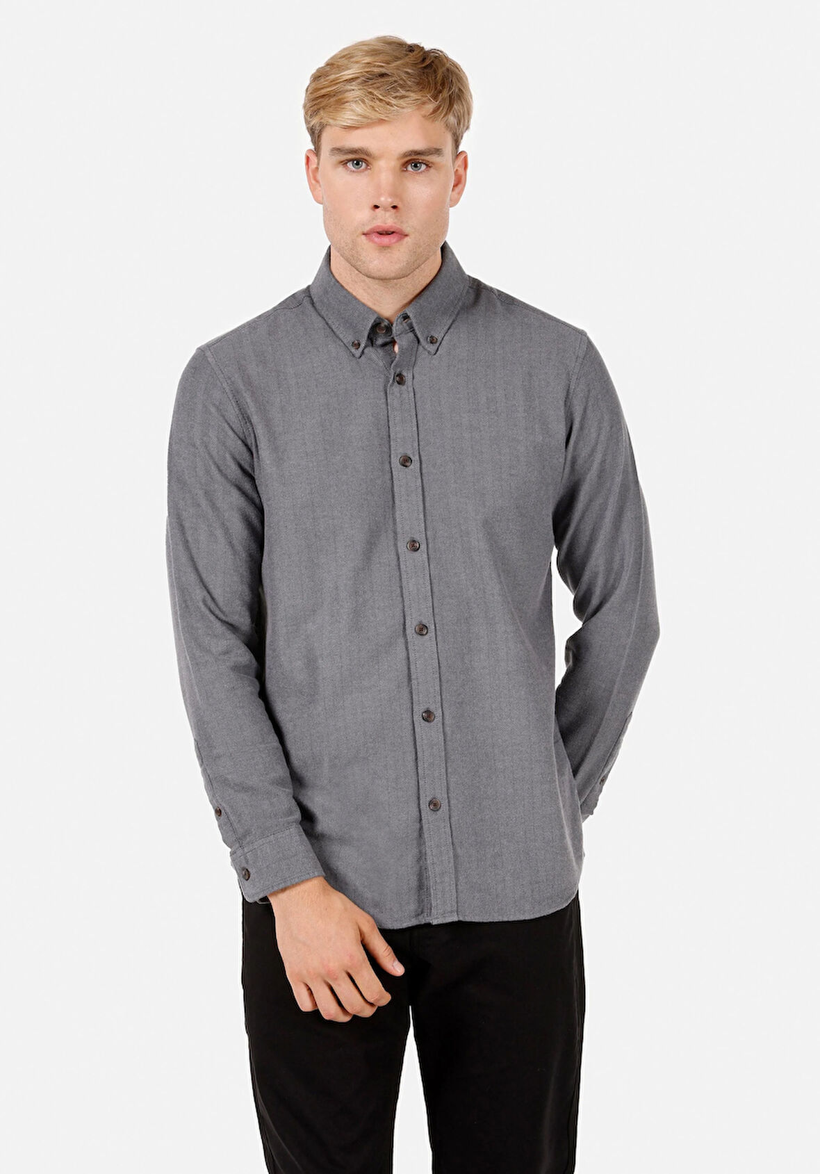 Regular Fit Shirt Neck Düz Erkek Gri Uzun Kol Gömlek