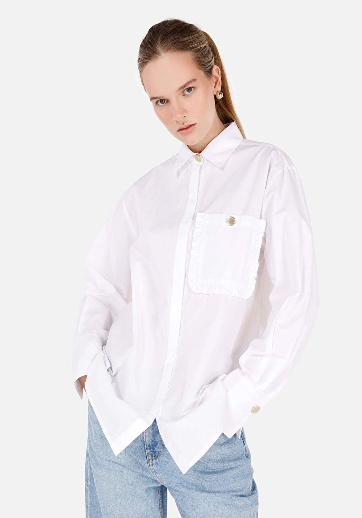 Relax Fit Shirt Neck  Kadın Beyaz Uzun Kol Gömlek