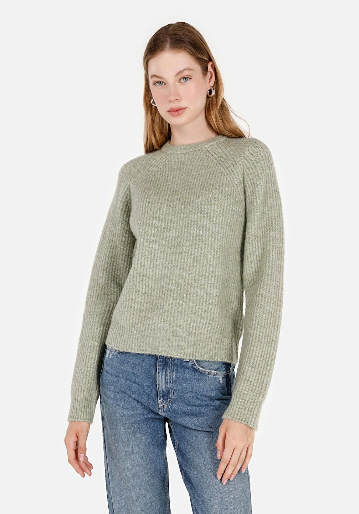 Regular Fit Yuvarlak Yaka  Kadın Yeşil Kazak