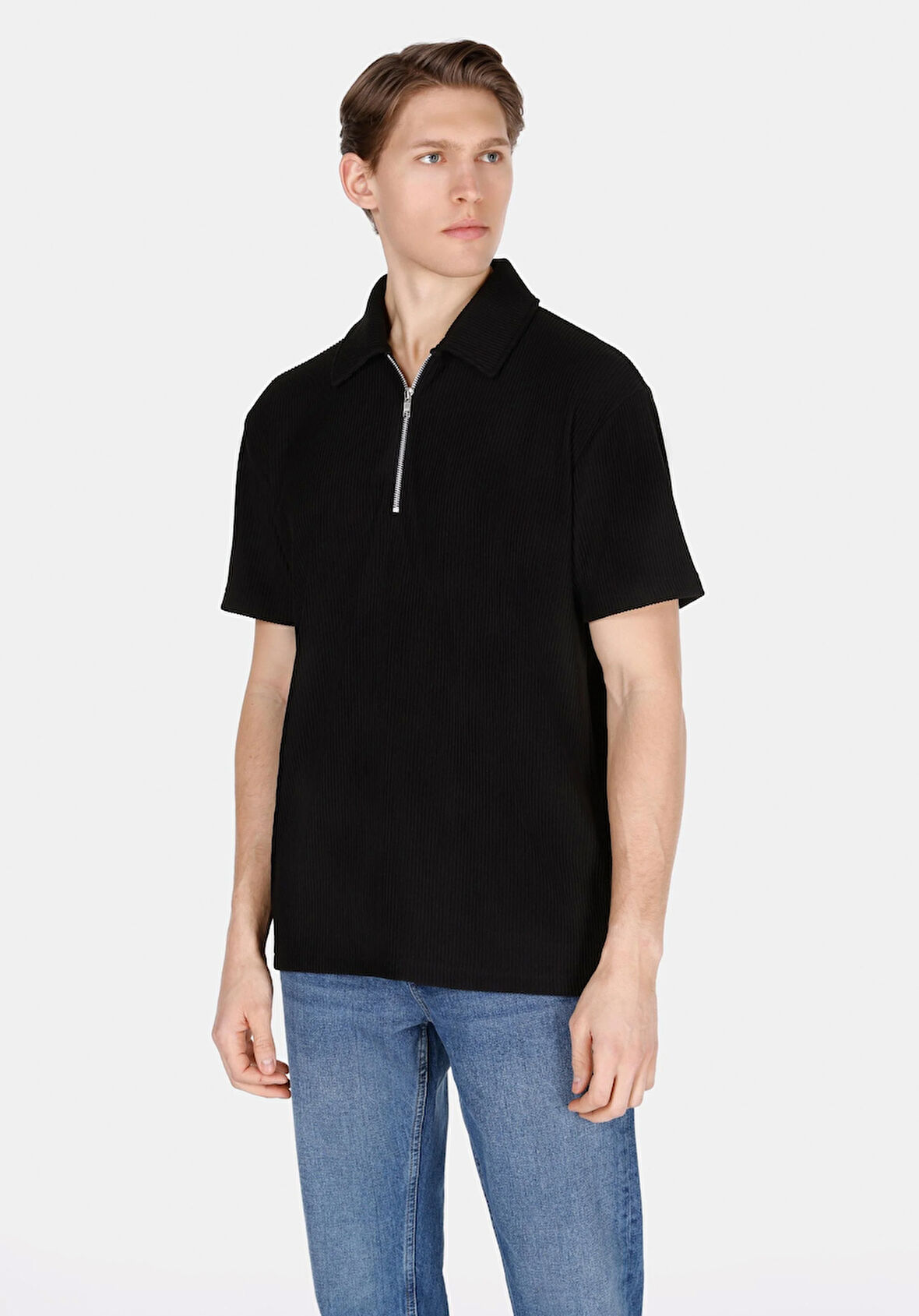 Comfort Fit Polo Yaka Düz Erkek Siyah Kısa Kol Tişört Cl1071894