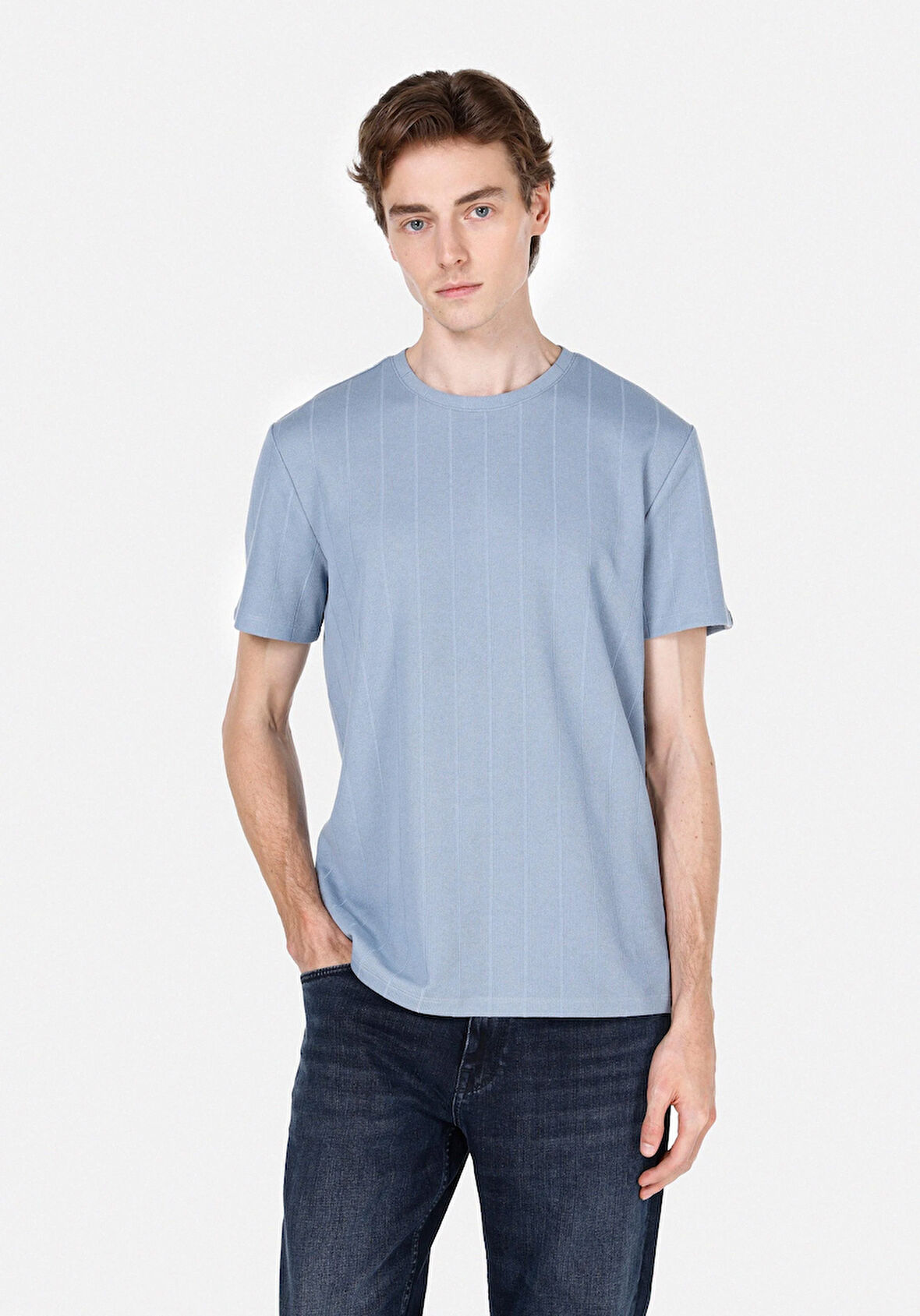 Regular Fit Yuvarlak Yaka Jakarlı Erkek Mavi Kısa Kol Tişört Cl1072064