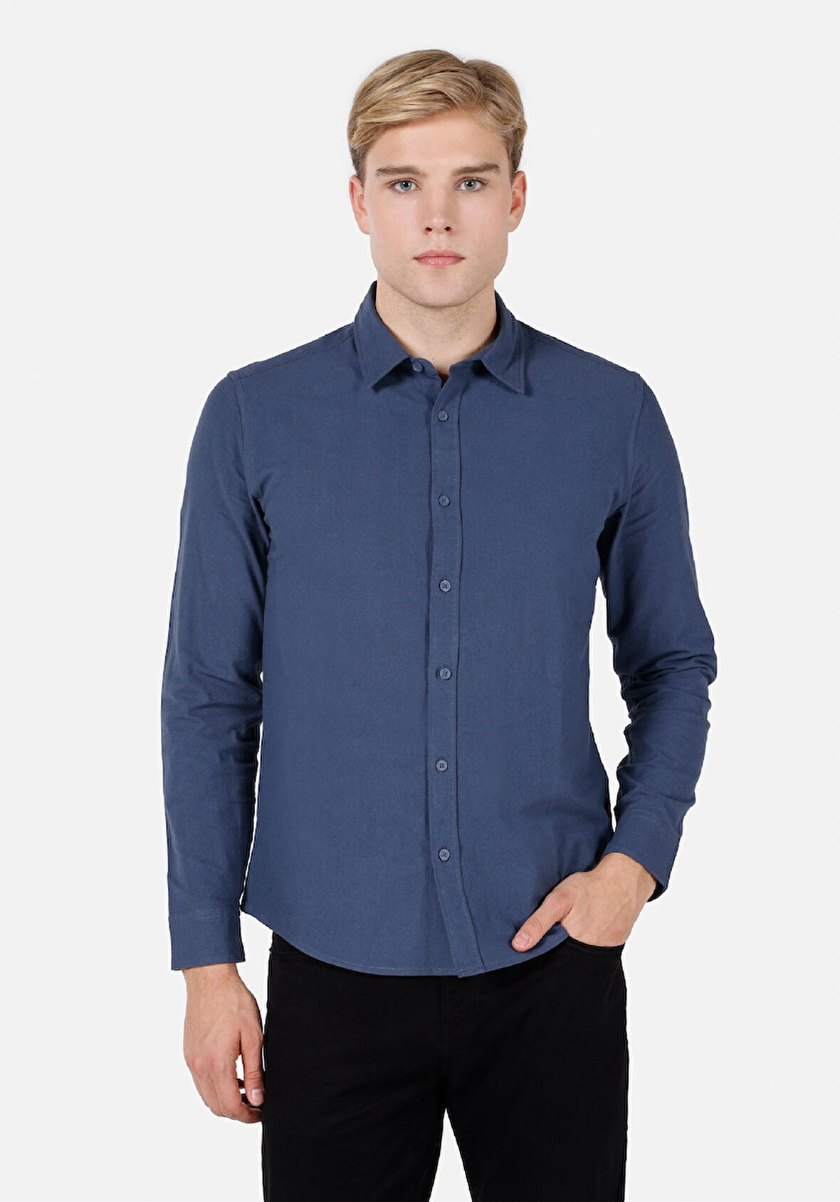 Slim Fit Shirt Neck Düz Erkek Mavi Uzun Kol Gömlek Cl1072097