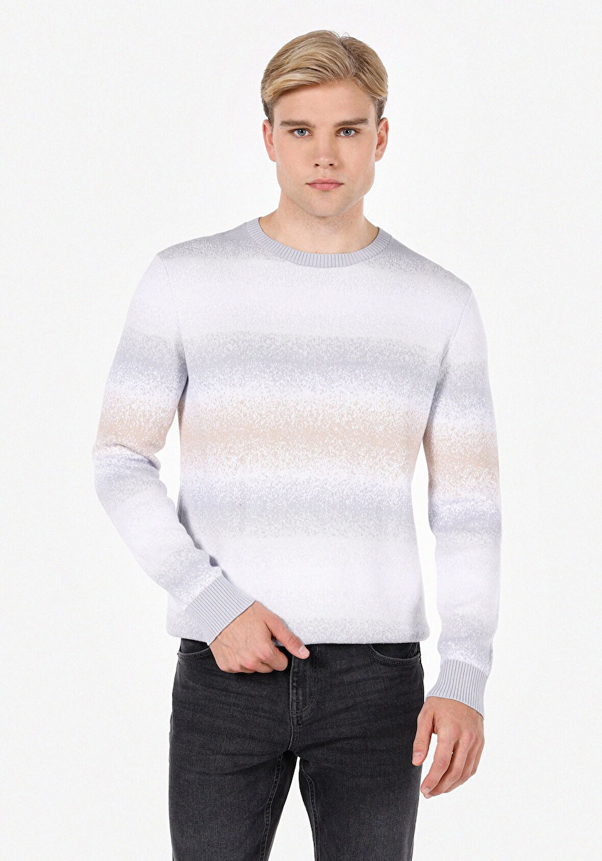 Regular Fit Yuvarlak Yaka Jakarlı Erkek Bej Kazak Cl1072416