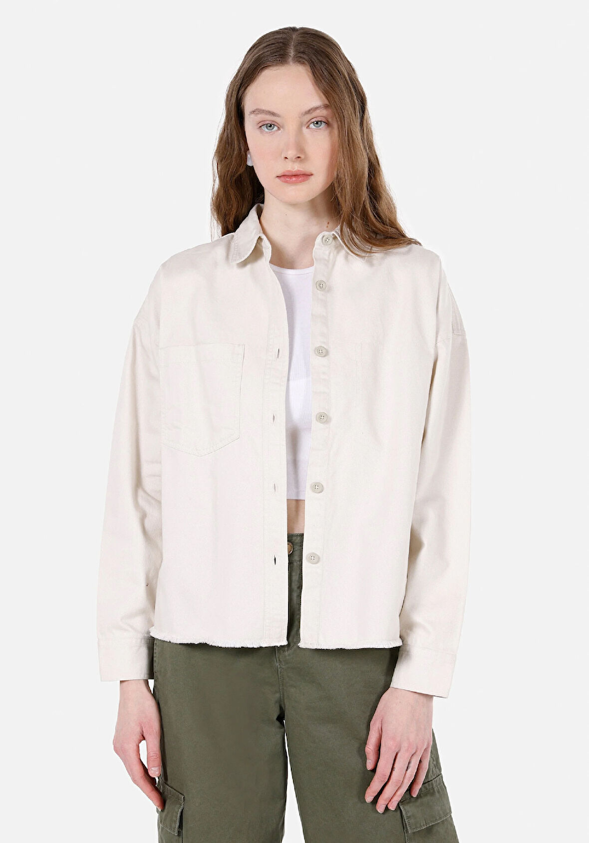 Regular Fit Shirt Neck Düz Kadın Ekru Uzun Kol Gömlek