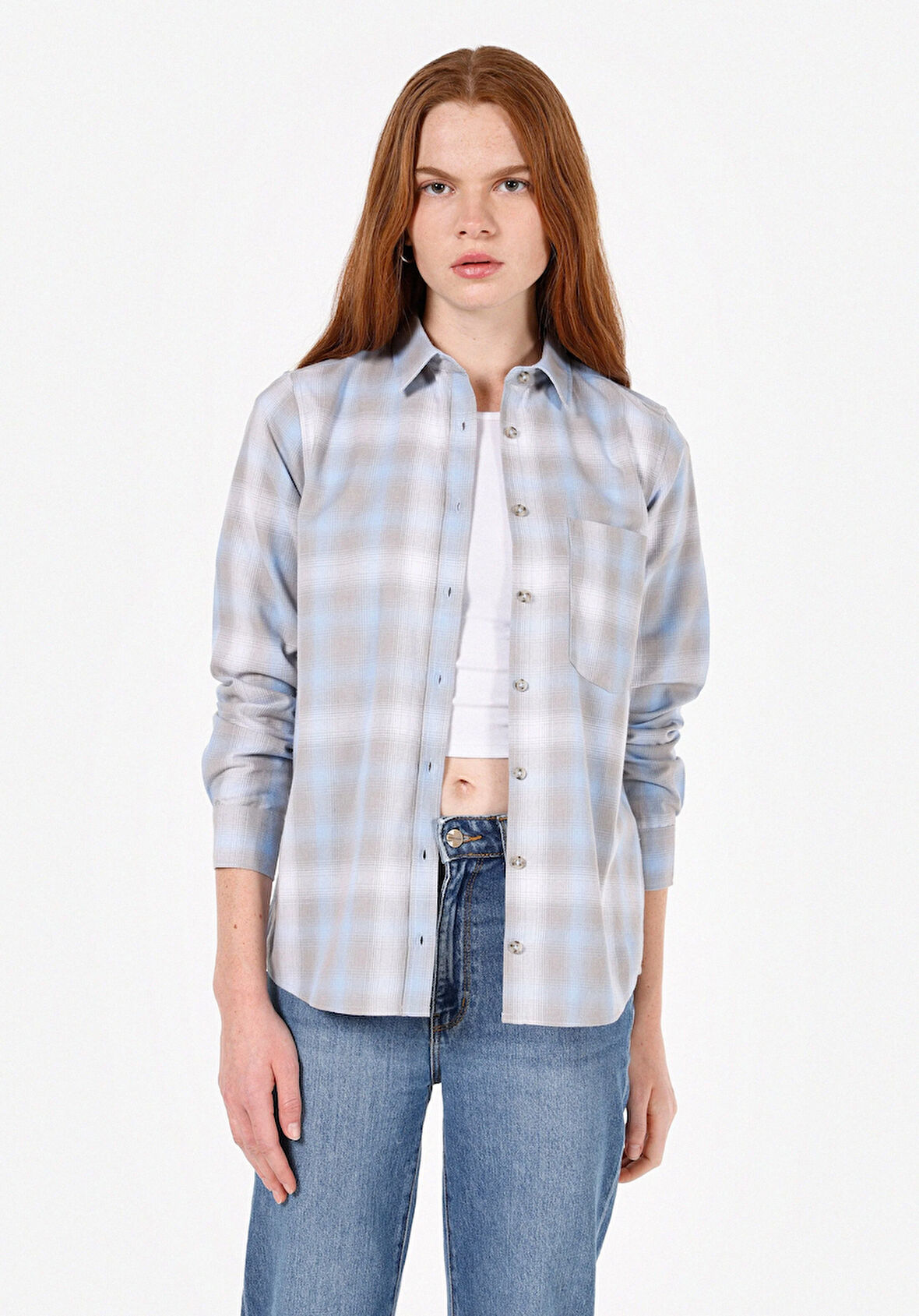 Regular Fit Shirt Neck Ekoseli Kadın Mavi Uzun Kol Gömlek Cl1072494