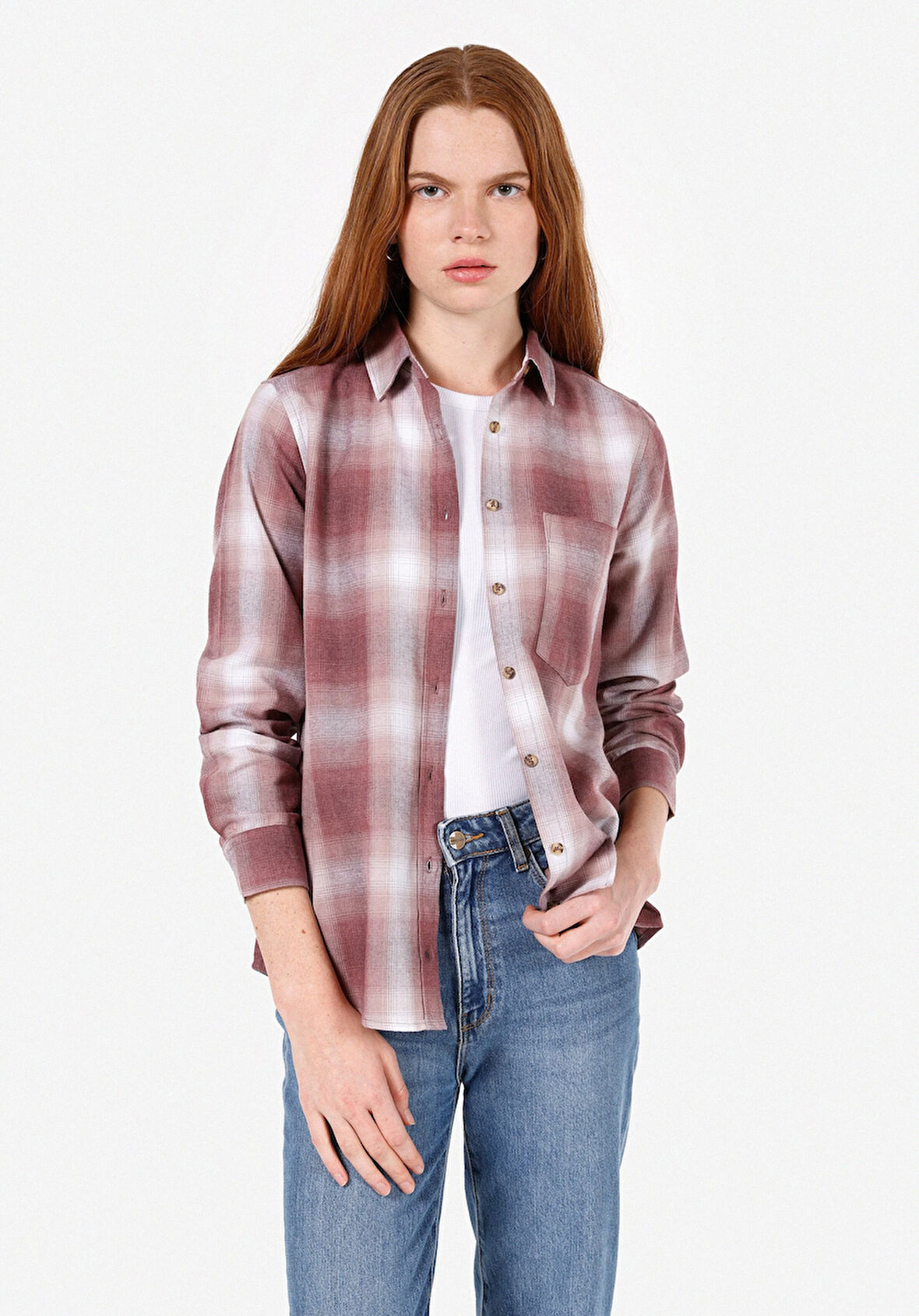 Regular Fit Shirt Neck Ekoseli Kadın Pembe Uzun Kol Gömlek Cl1072494
