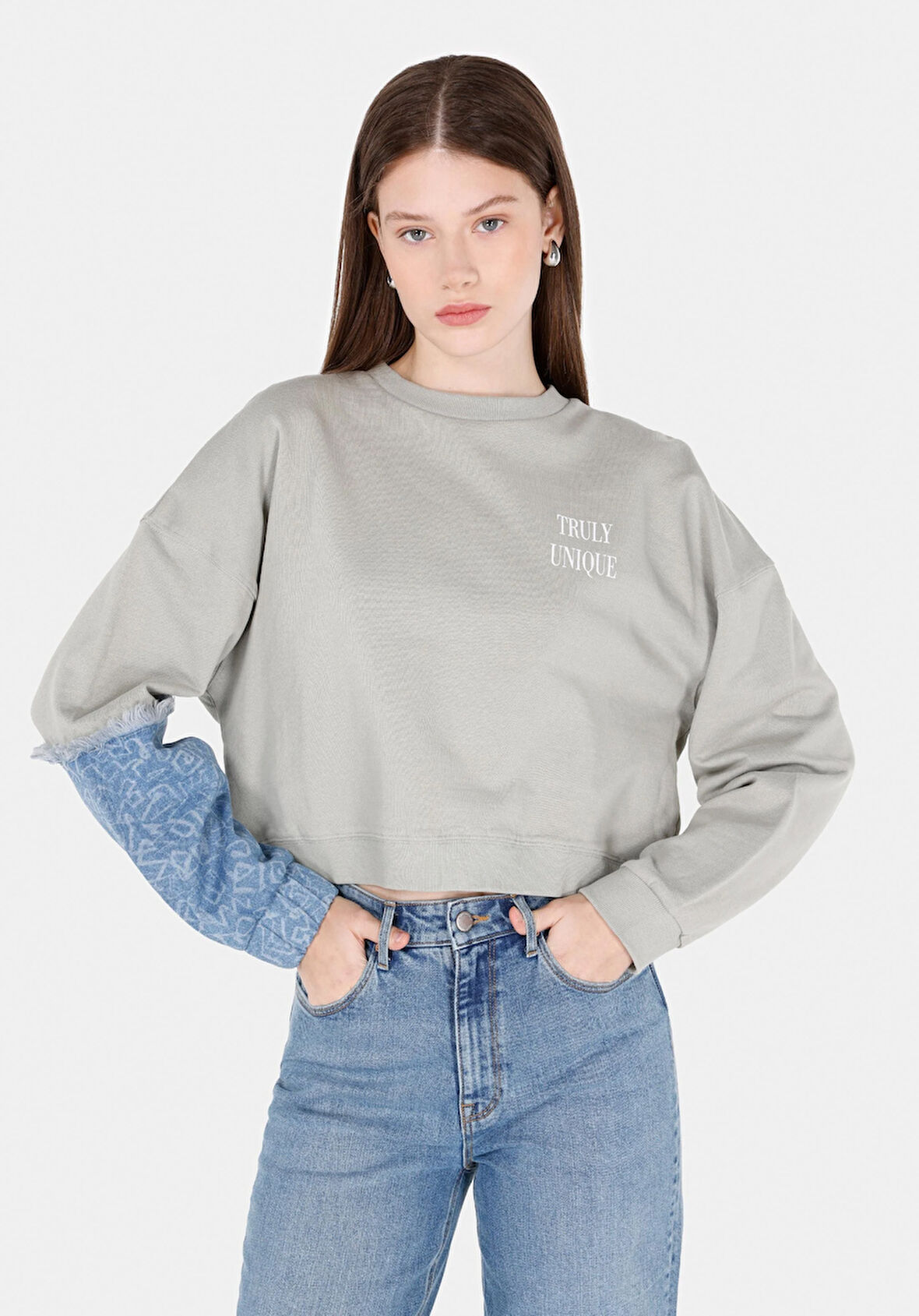 Regular Fit Yuvarlak Yaka Baskılı Kadın Yeşil Sweatshirt