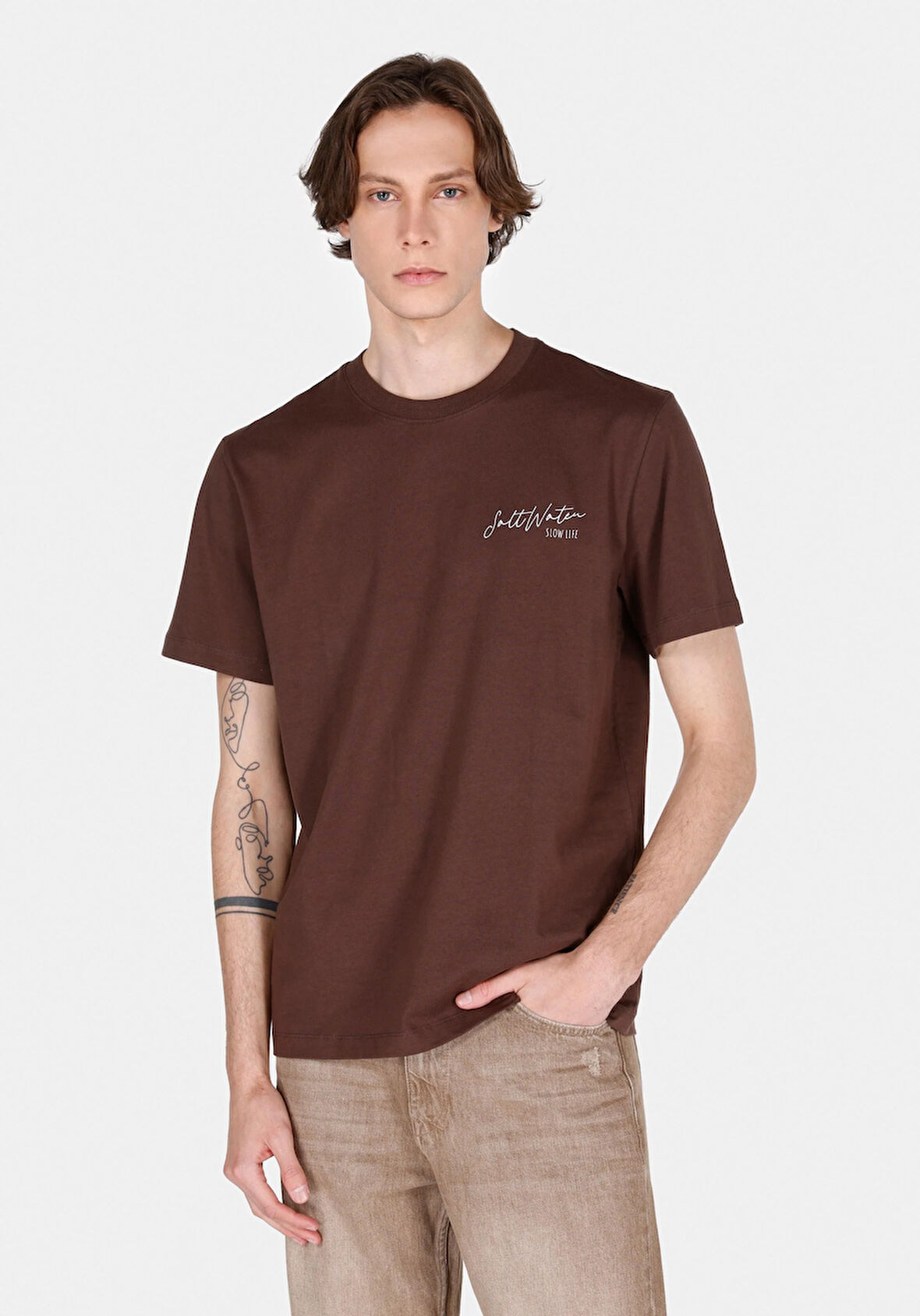 Comfort Fit Yuvarlak Yaka Düz Erkek Kahverengi Kısa Kol Tişört Cl1072833