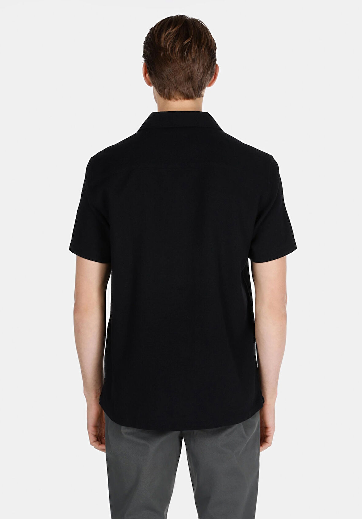 Regular Fit Shirt Neck Düz Erkek Siyah Kısa Kol Gömlek