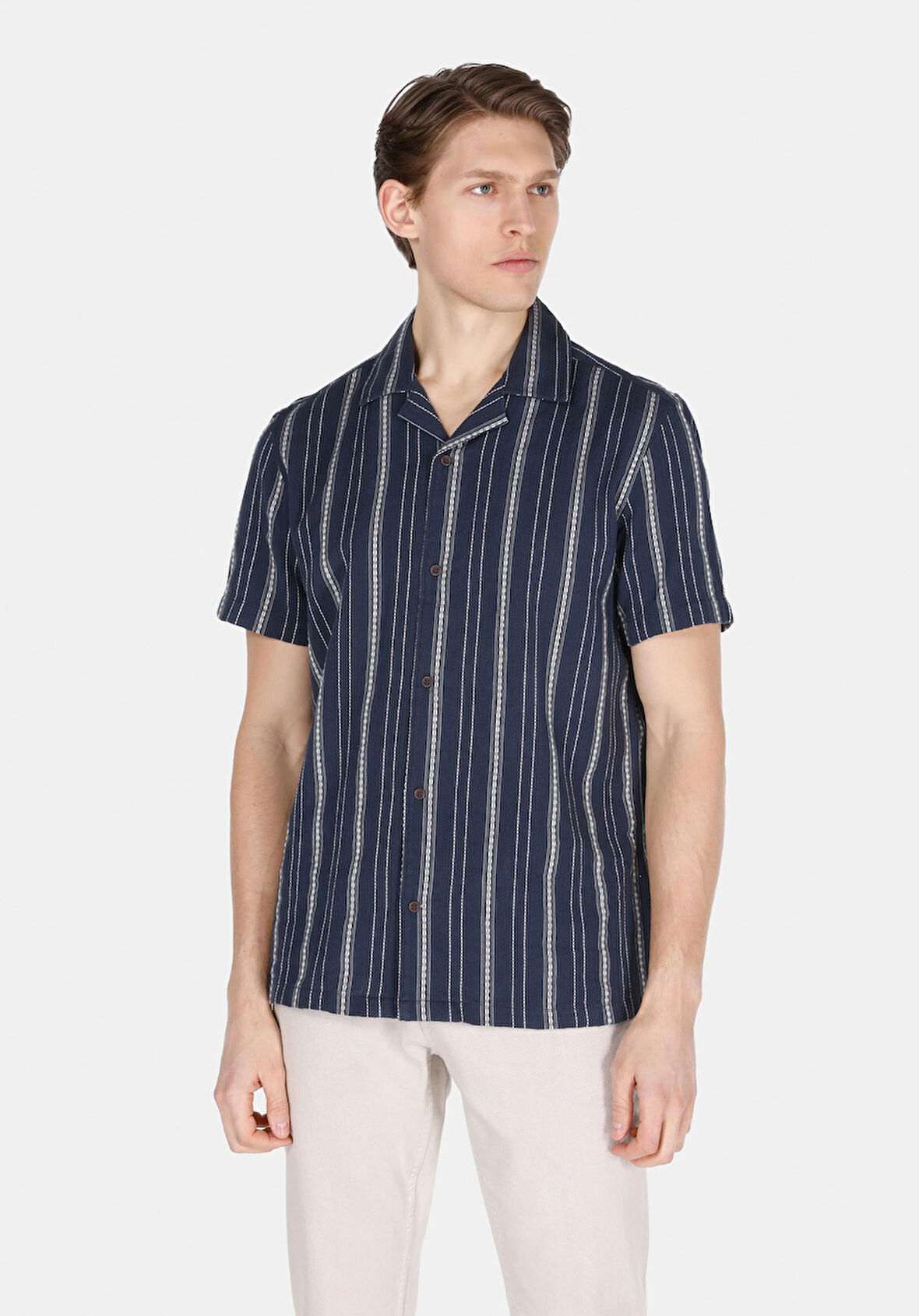 Regular Fit Shirt Neck Çizgili Erkek Lacivert Kısa Kol Gömlek