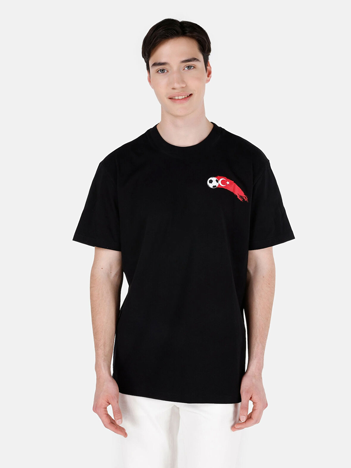 Baskılı Normal Kesim Bisiklet Yaka Siyah Erkek Kısa Kol Tişört