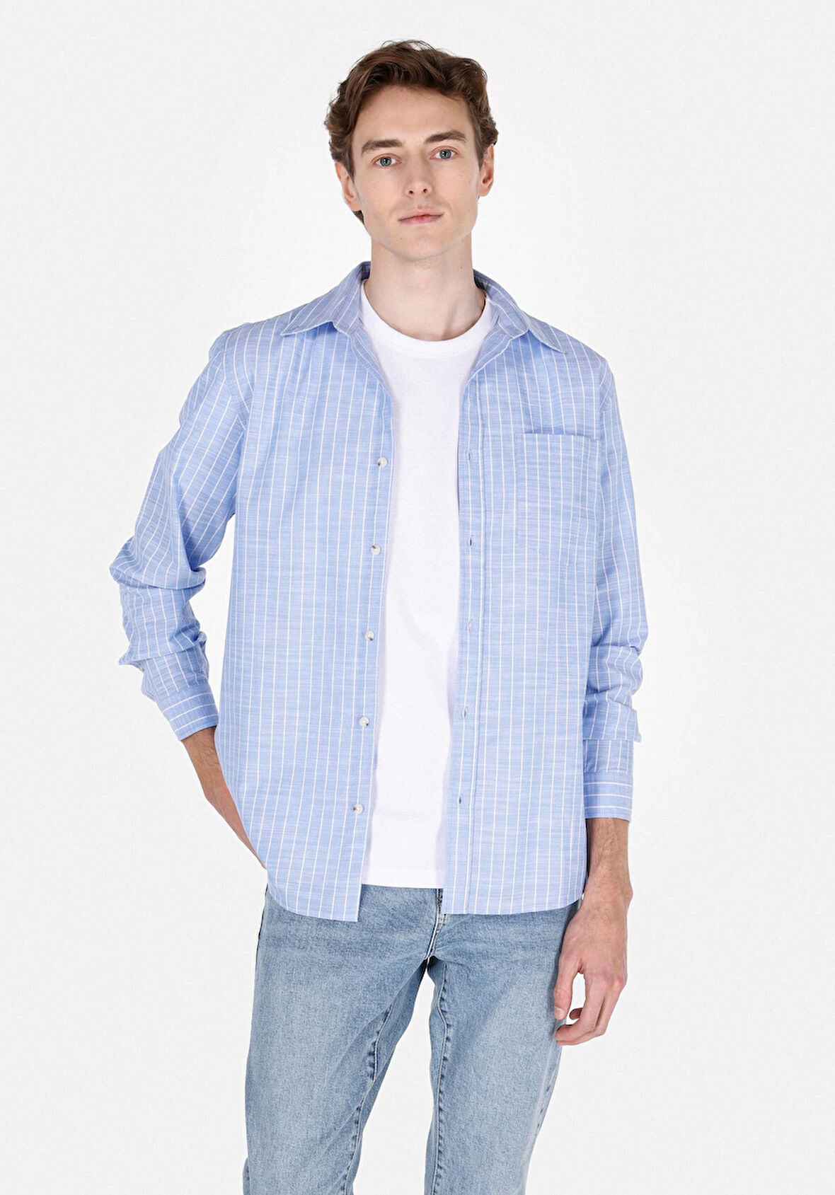 Regular Fit Shirt Neck Çizgili Erkek Mavi Uzun Kol Gömlek Cl1073113