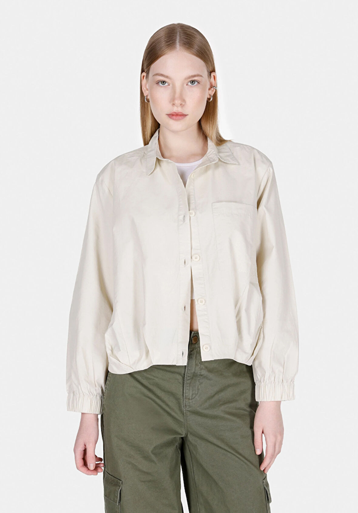 Regular Fit Shirt Neck Düz Kadın Bej Uzun Kol Gömlek Cl1073119