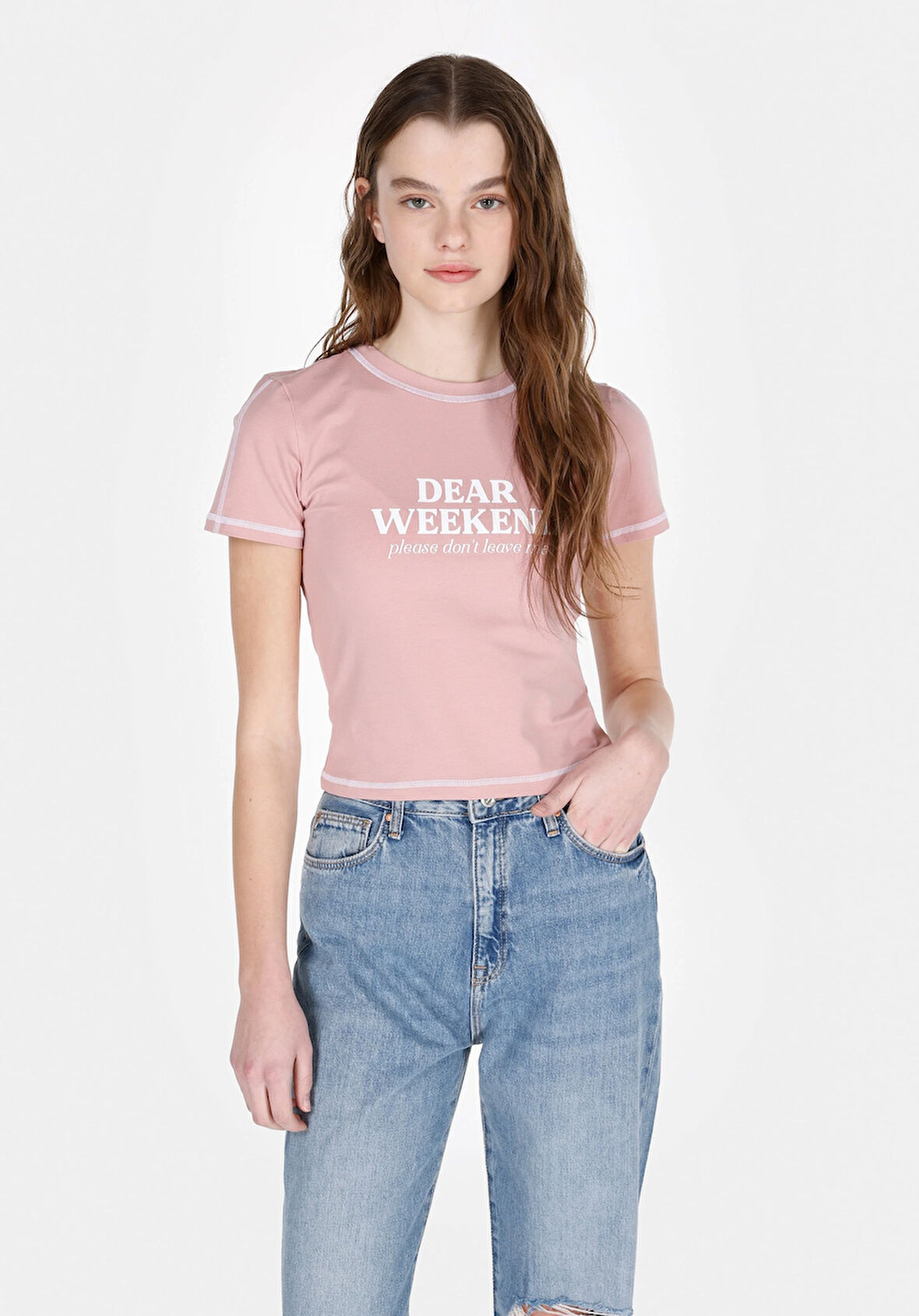Slim Fit Yuvarlak Yaka Baskılı Kadın Pembe Kısa Kol Tişört