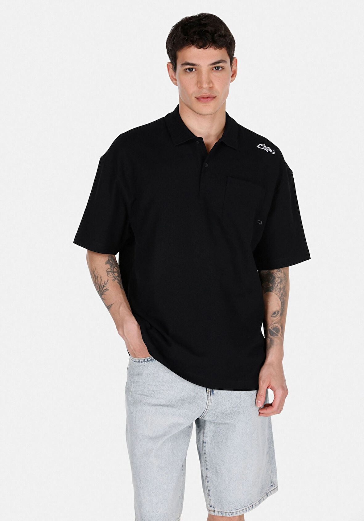 Oversize Fit Polo Yaka Düz Erkek Siyah Kısa Kol Tişört