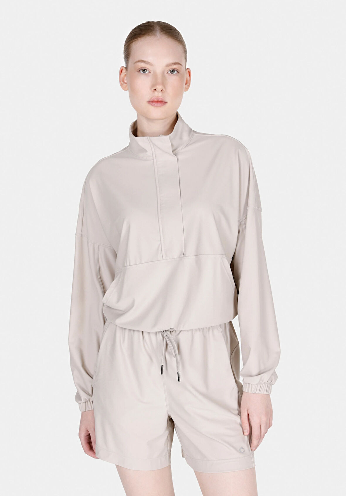 Regular Fit Fermuarlı Düz Kadın Taş Sweatshirt Cl1073247