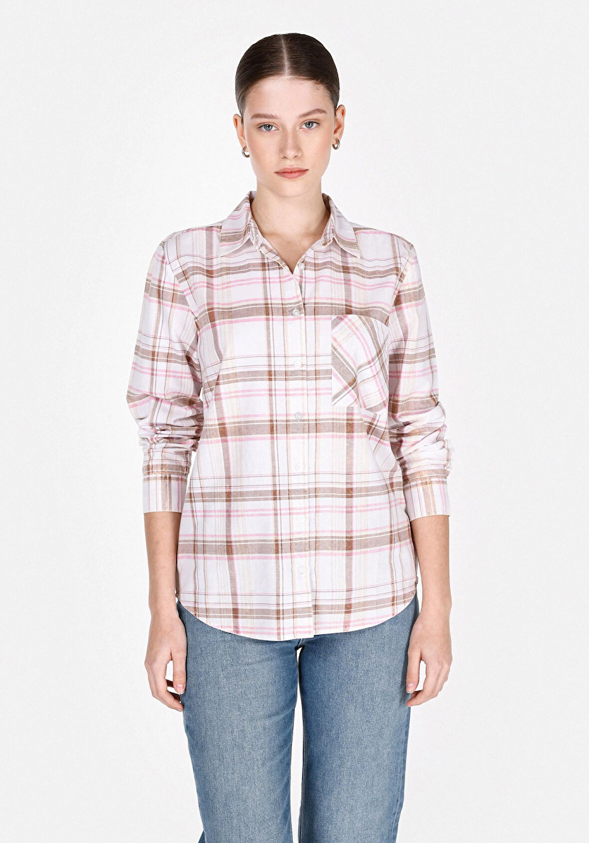 Regular Fit Shirt Neck Ekoseli Kadın Bej Uzun Kol Gömlek Cl1073285