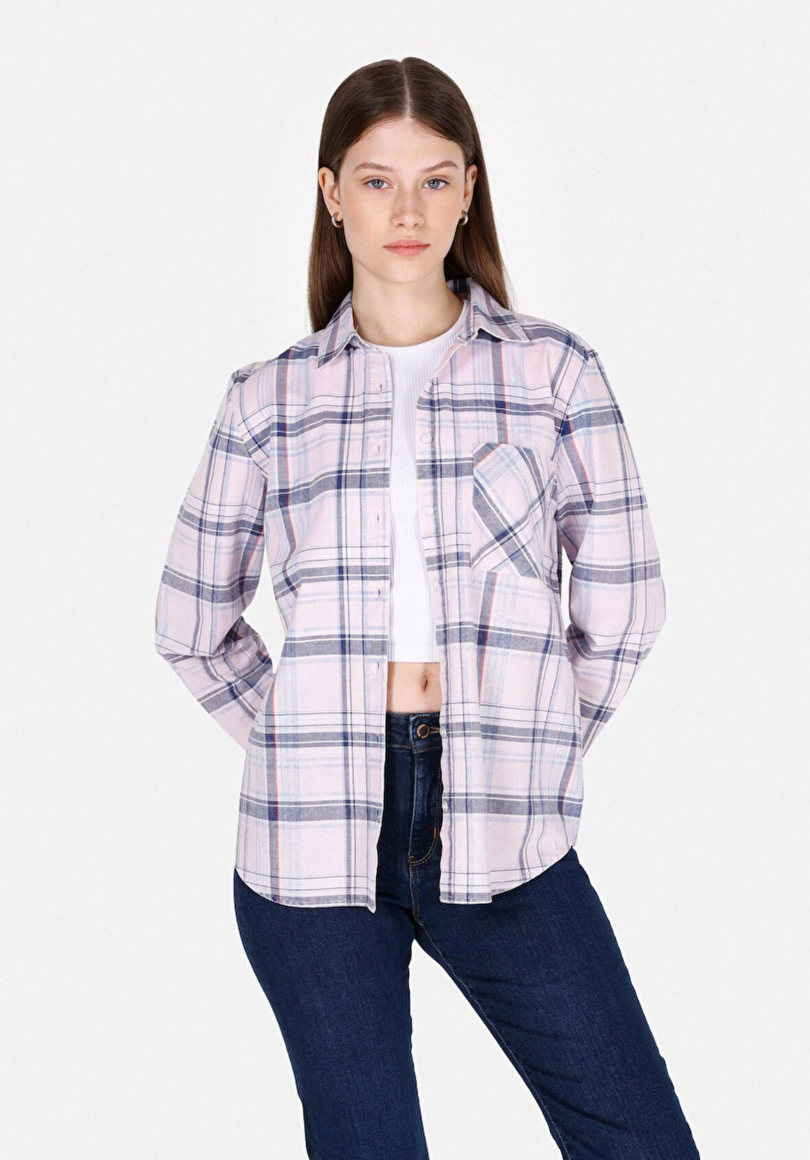 Regular Fit Shirt Neck Ekoseli Kadın Pembe Uzun Kol Gömlek Cl1073285