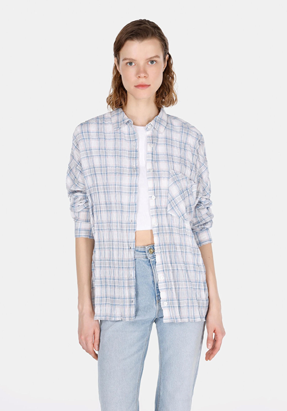 Relaxed Fit Shirt Neck Ekoseli Kadın Mavi Uzun Kol Gömlek Cl1073287