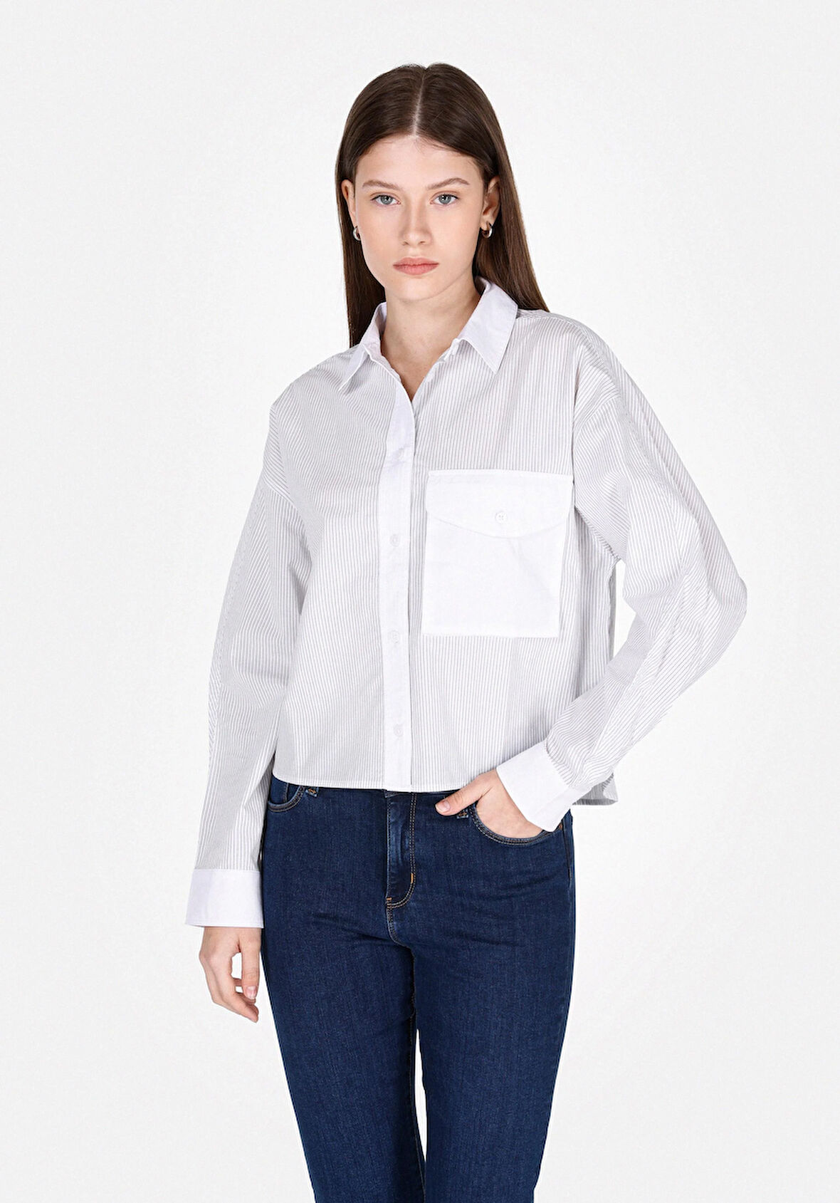 Regular Fit Shirt Neck Çizgili Kadın Mavi Uzun Kol Gömlek