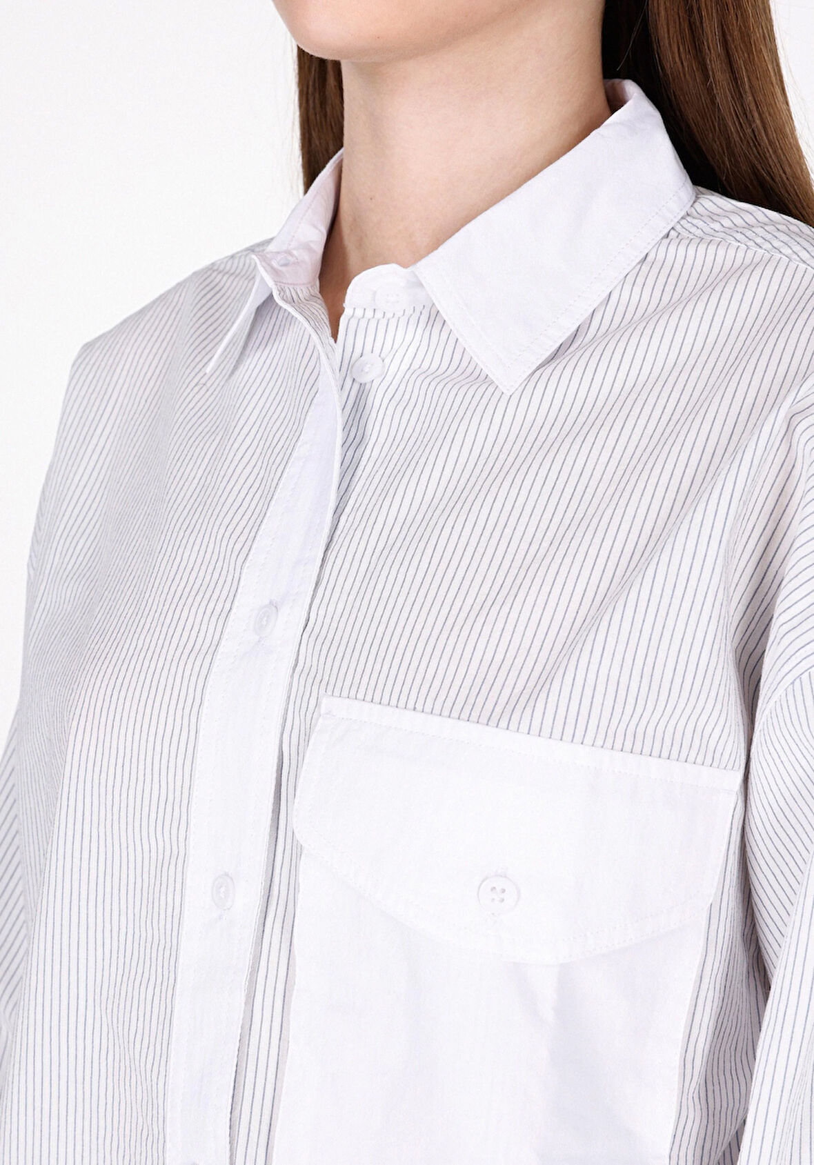 Regular Fit Shirt Neck Çizgili Kadın Mavi Uzun Kol Gömlek