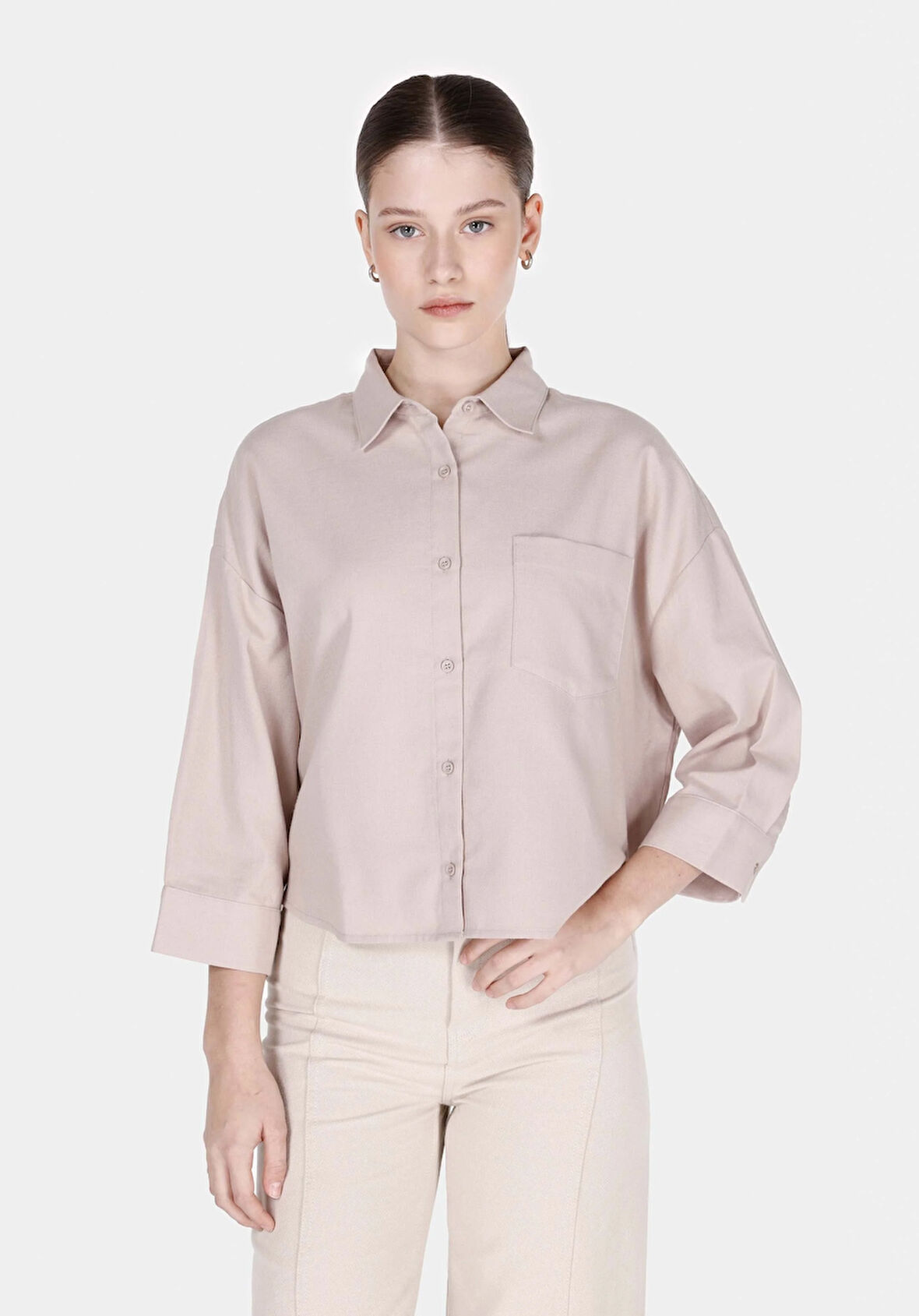 Regular Fit Shirt Neck Düz Kadın Vizon ¾ Kol Gömlek