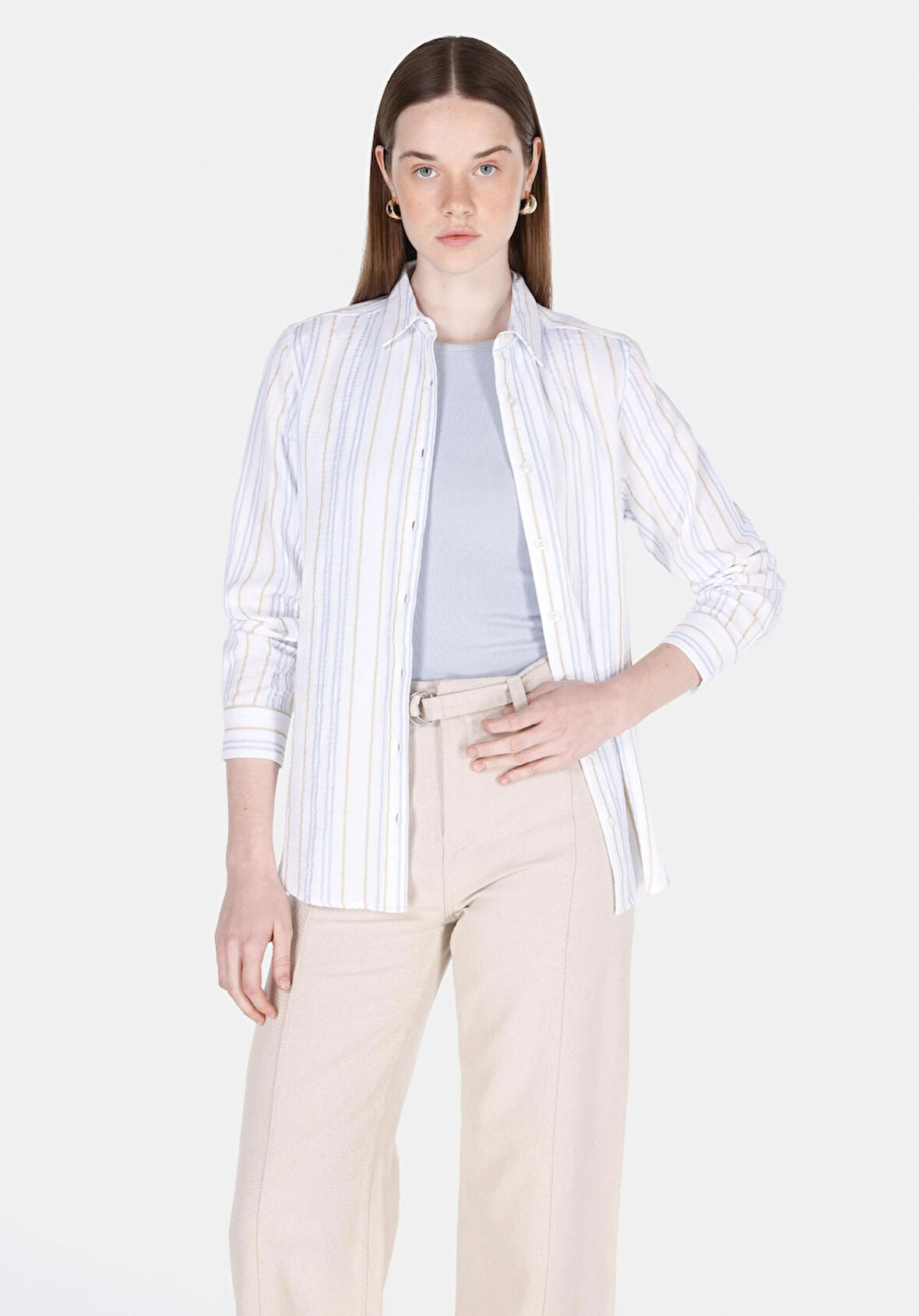 Regular Fit Shirt Neck Çizgili Kadın Beyaz Uzun Kol Gömlek Cl1073332