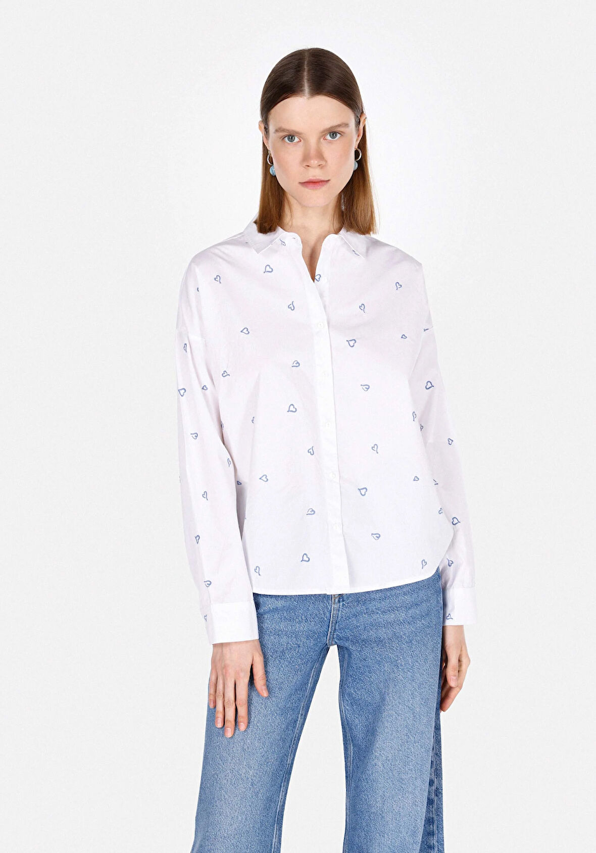 Regular Fit Shirt Neck Nakışlı Kadın Beyaz Uzun Kol Gömlek