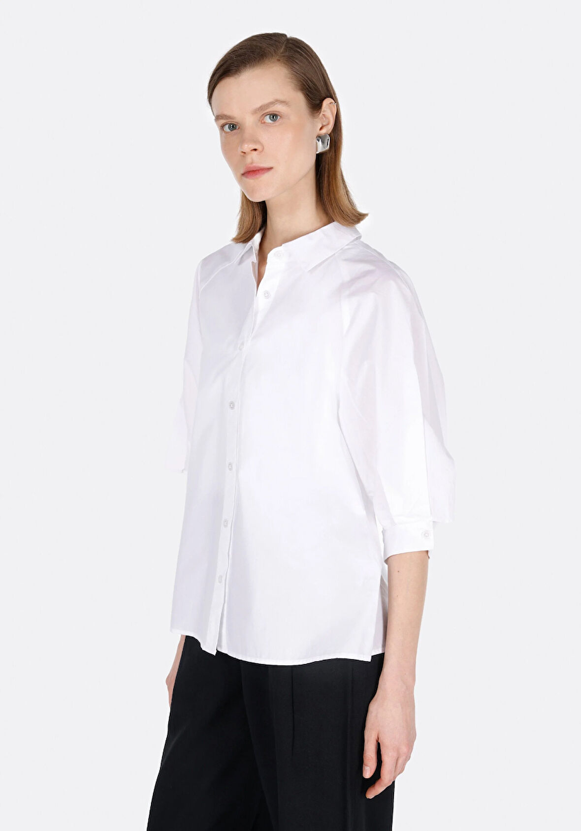 Regular Fit Shirt Neck Düz Kadın Beyaz ¾ Kol Gömlek