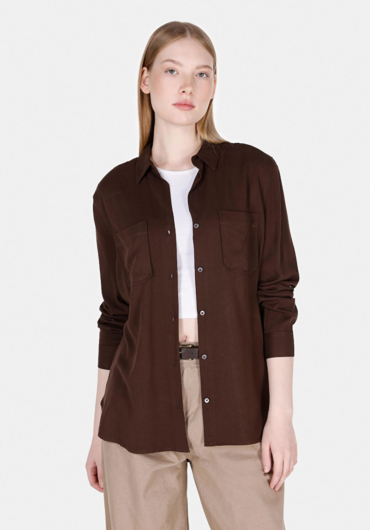 Regular Fit Shirt Neck Düz Kadın Kahverengi Roll-up Gömlek Cl1073413