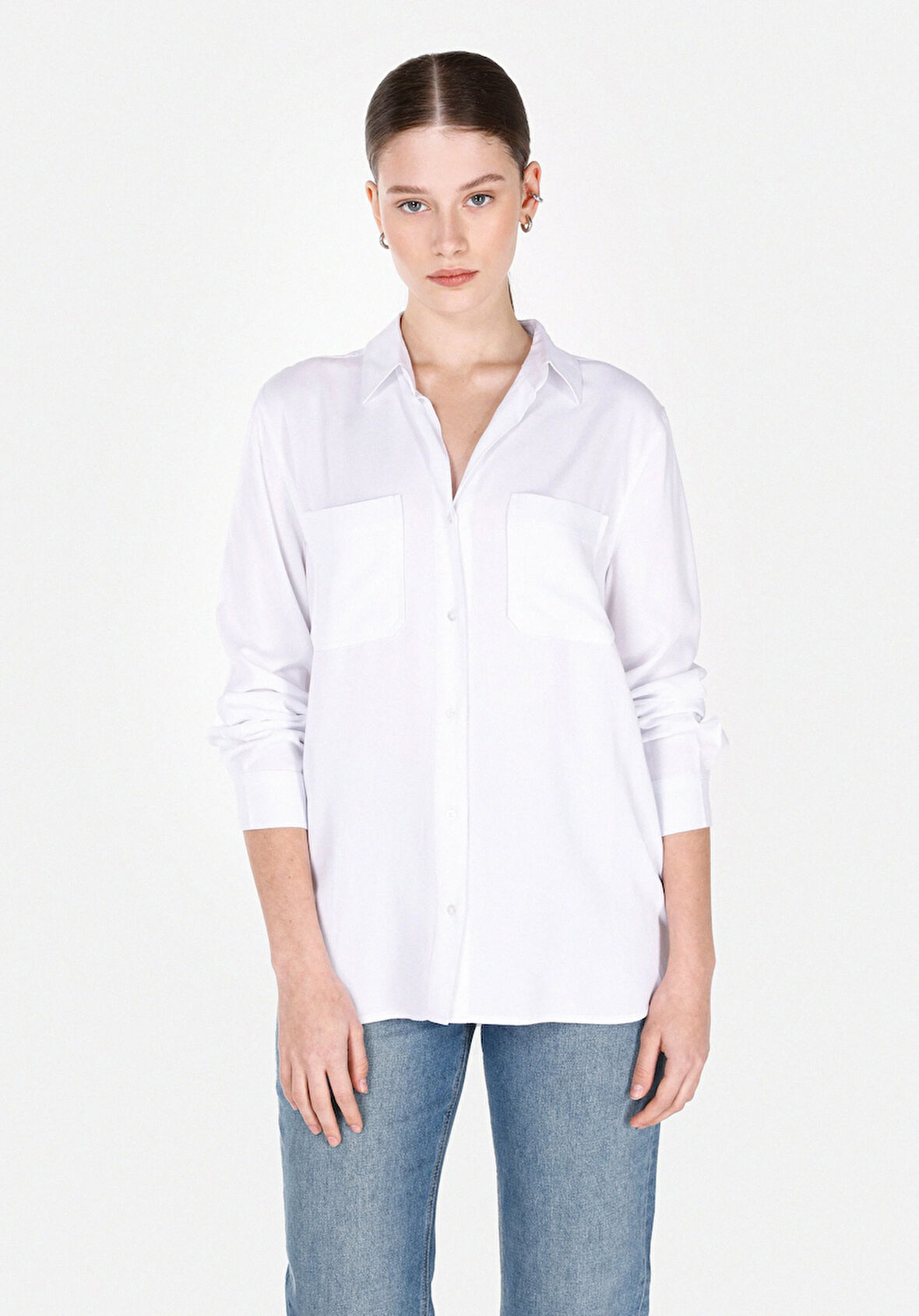 Regular Fit Shirt Neck Düz Kadın Beyaz Roll-up Gömlek Cl1073413