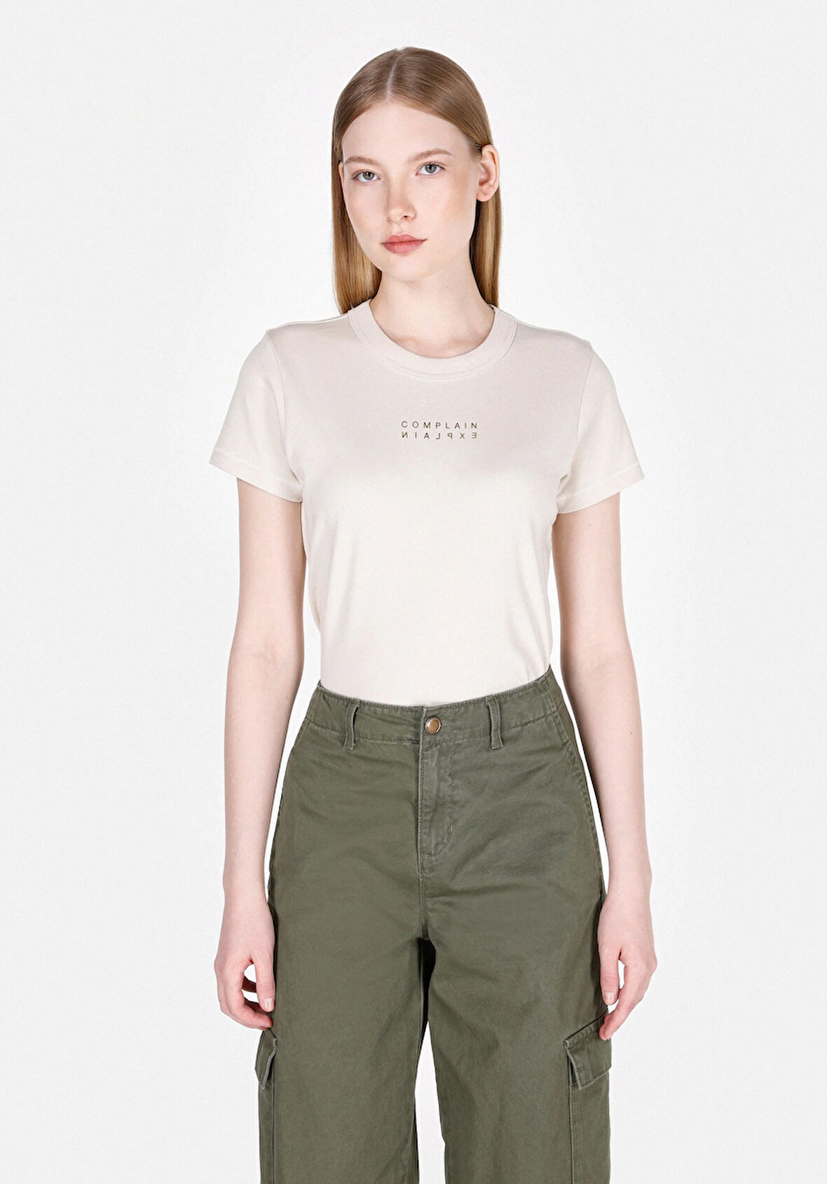 Slim Fit Yuvarlak Yaka Baskılı Kadın Ekru Kısa Kol Tişört Cl1073472