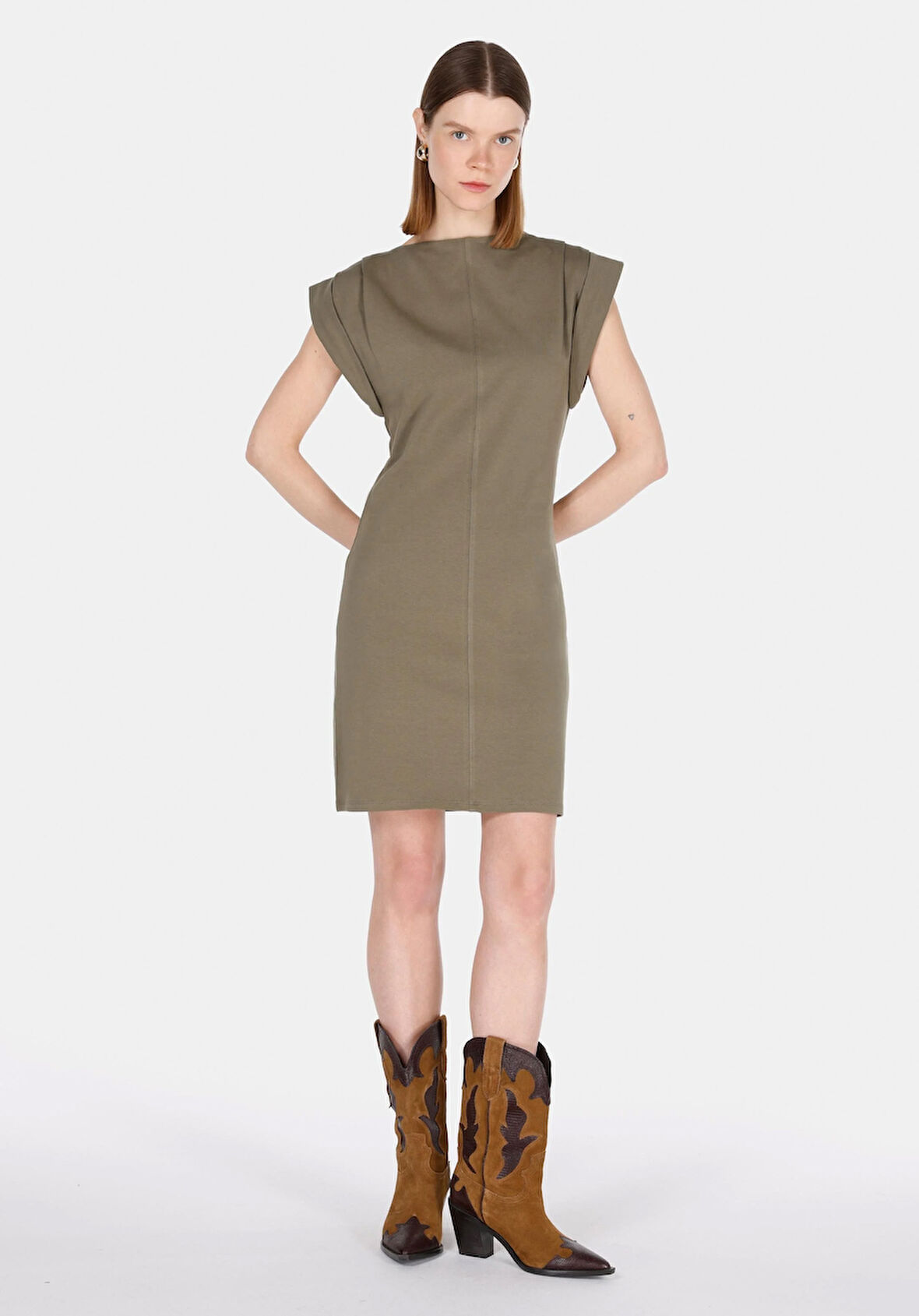 Slim Fit Düz Kadın Yeşil Kısa Kol Elbise