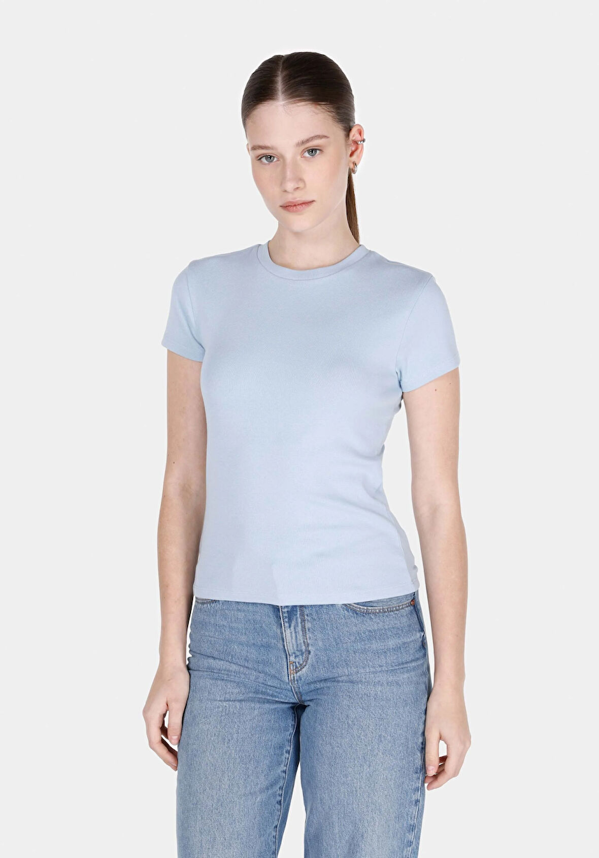 Slim Fit Yuvarlak Yaka Düz Kadın Mavi Kısa Kol Tişört Cl1073597