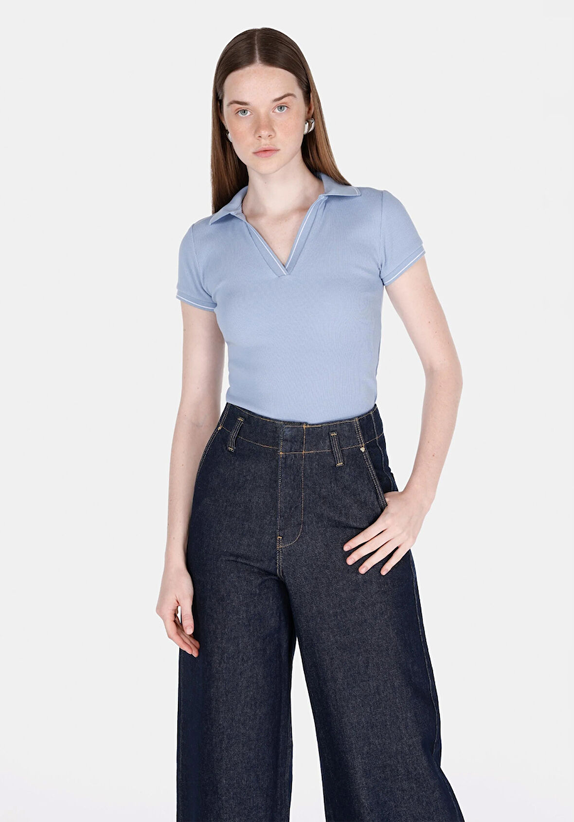 Slim Fit Polo Yaka Düz Kadın Mavi Kısa Kol Tişört Cl1073698