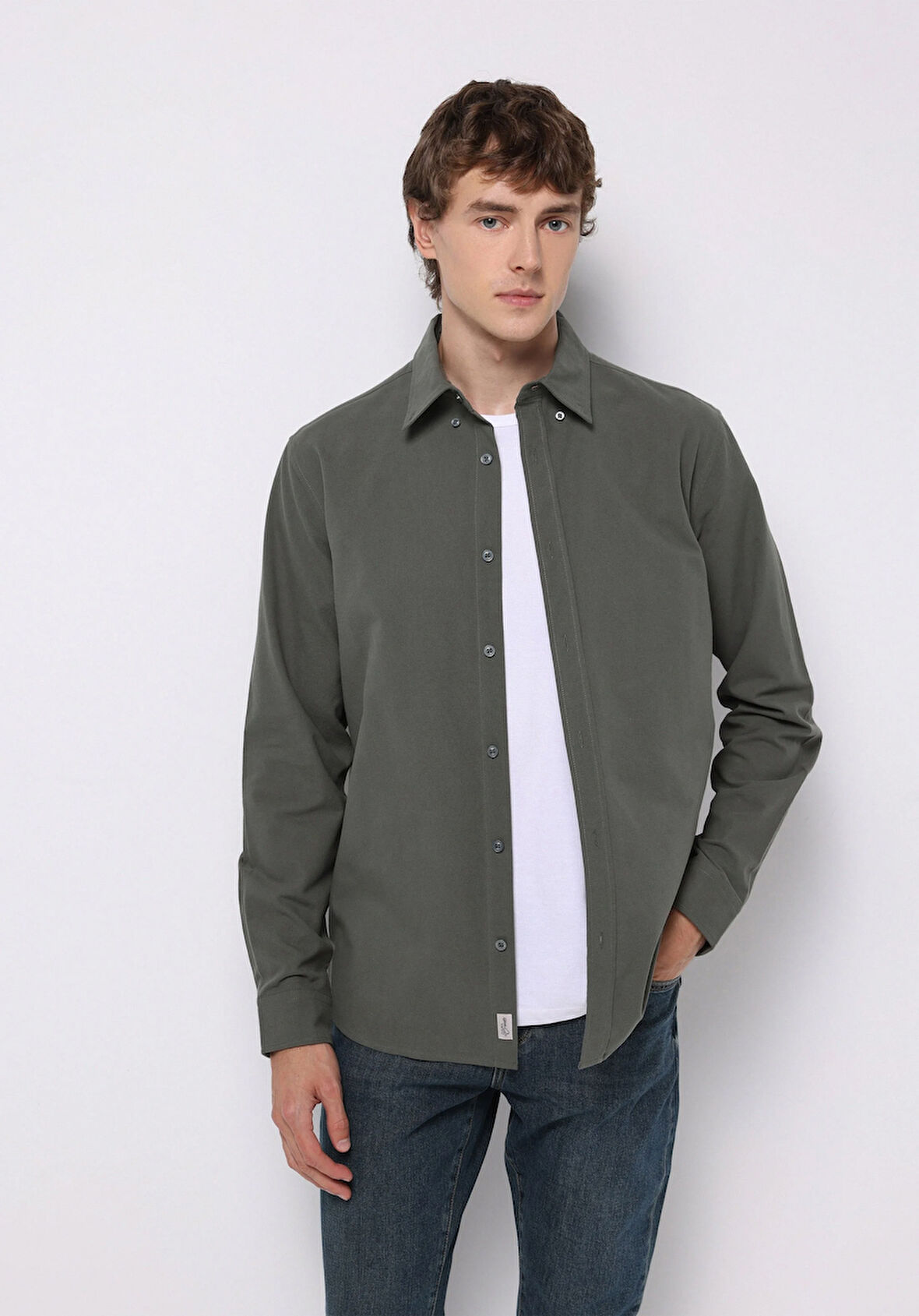 Regular Fit Shirt Neck Düz Erkek Yeşil Uzun Kol Gömlek